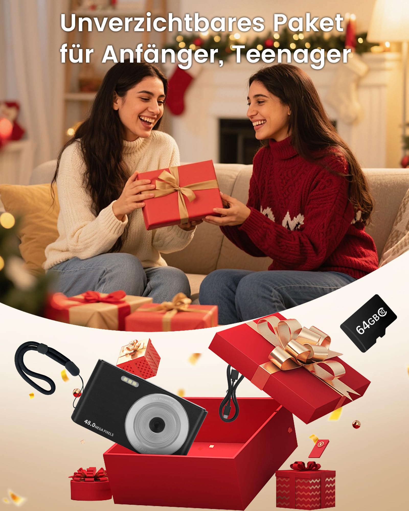 Cámara digital 4K 48MP Vlogging Camera para Niños Adolescentes Cámara FHD Compacta Cámara fotográfica con pantalla de 2,8" 16X Zoom, Regalos para Principiantes Estudiantes Niños Niñas