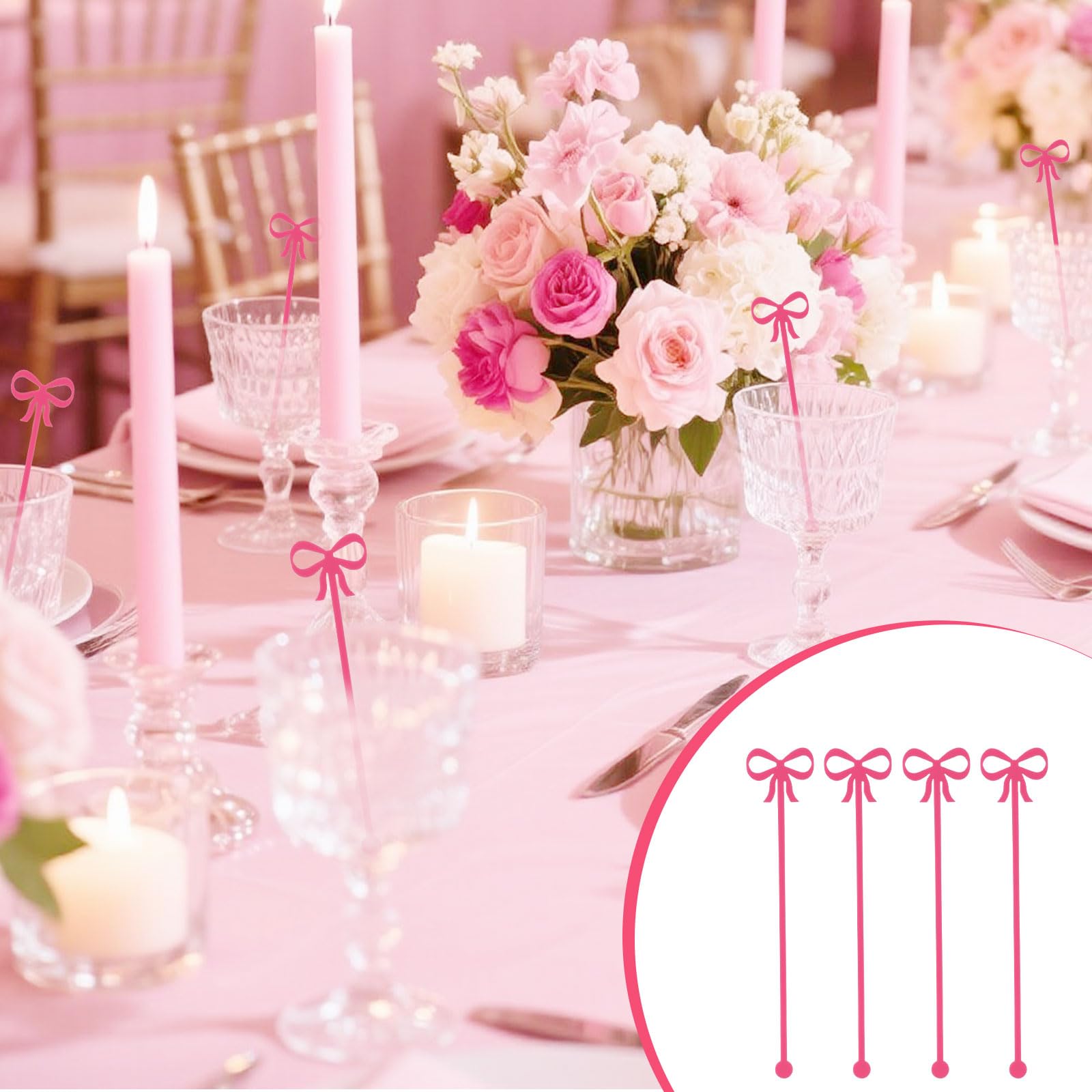 Tinoaly Lot De 30 Agitateurs à Boisson En Forme De Nœud Rose En Acrylique Pour Cocktails, Café, Accessoire Réutilisable Pour Mariage, Enterrement De Vie De Jeune Fille, Décorations De Fête