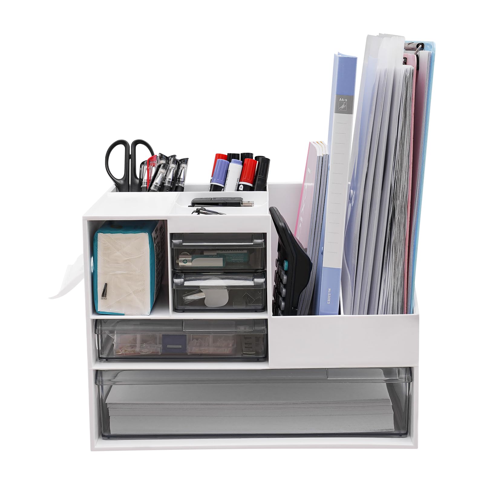 Organizer da scrivania con portapacchi, organizer in carta bianca con cassetto, organizer per penne, fazzoletti, biglietti da visita, calcolatrici, 34 x 25,5 x 24,5 cm