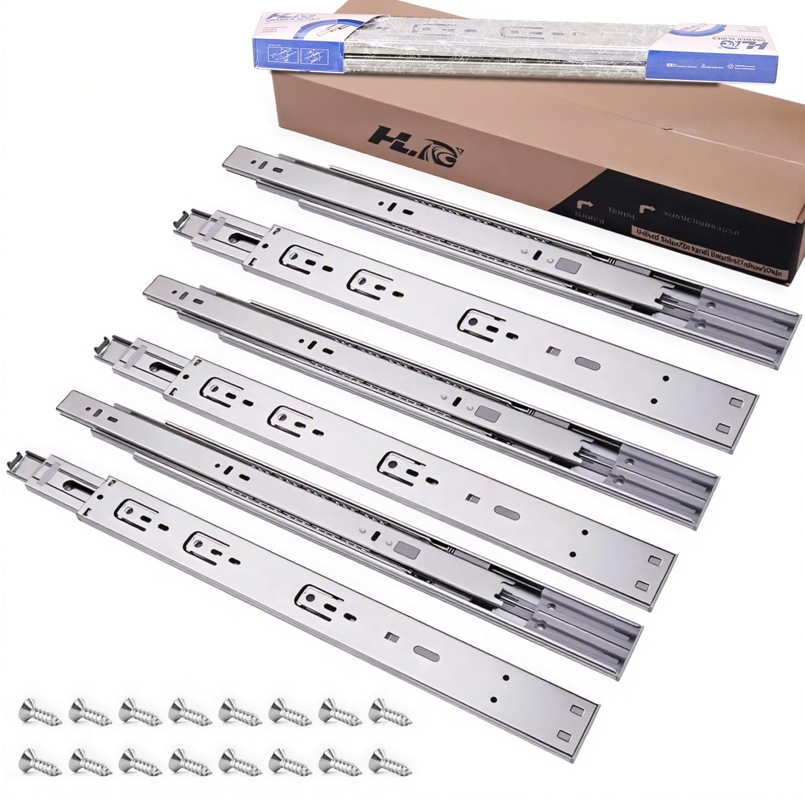 HLC glissiere pour tiroir 6 paires (12pcs), 50cm Glissières de tiroir à fermeture automatique douce, extension complète avec glissières à roulement à billes, coulisse tiroir 100 lb de capacité