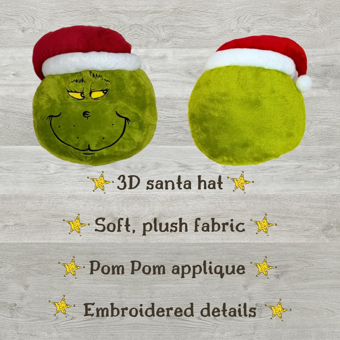 Collectibles Grinch by Dr. Seuss Holiday & Christmas Super Soft Furry Plush Round Decorative Pillow, 12" X 12", (Official Licensed Product) by Franco