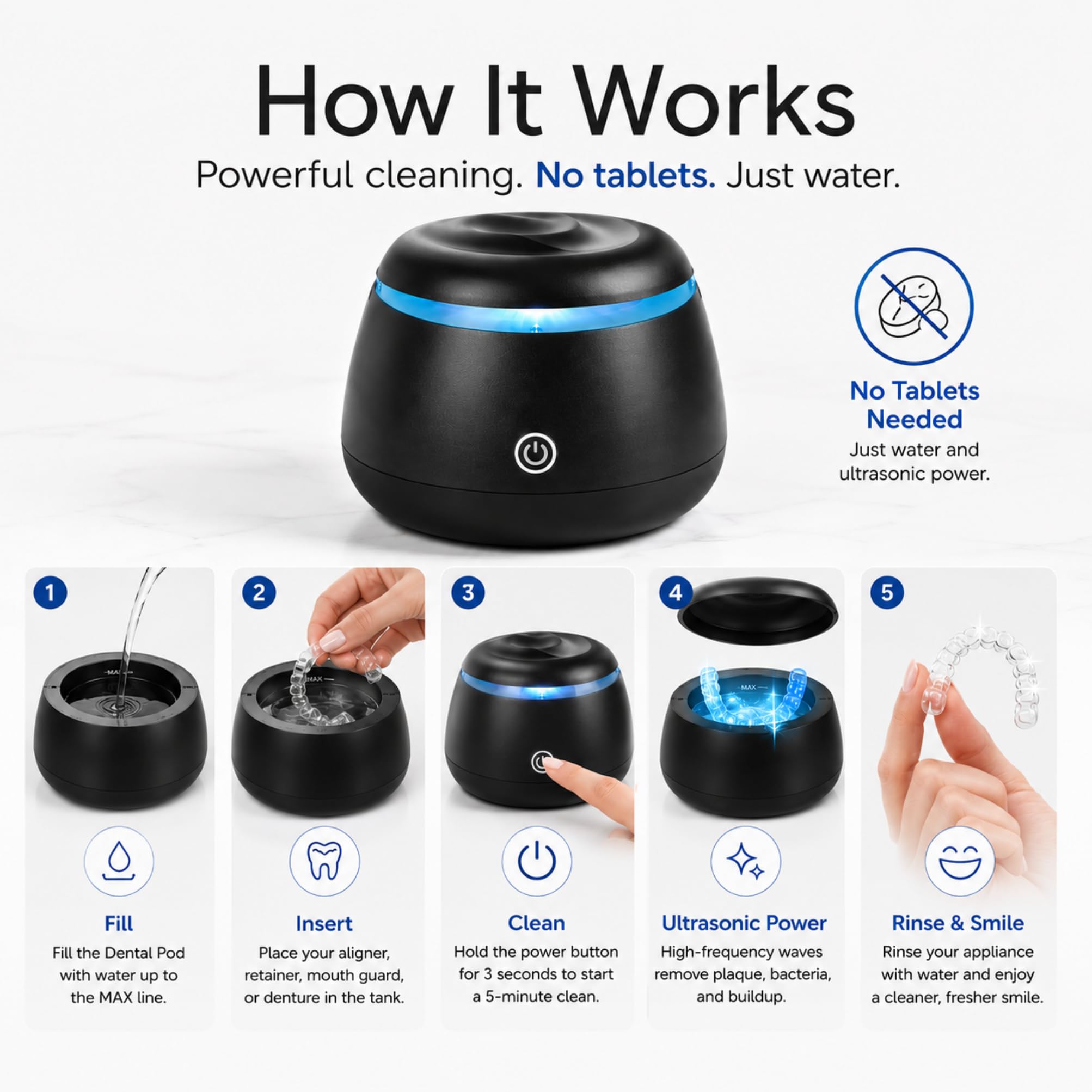 Pulitore per Retainer Ultrasonico 48kHz – Pod Dentale per Invisalign, Protesi e Paradenti – Macchina per Pulizia Profonda per Retainer e Night Guard – Serbatoio da 200ML, Funzione One-Touch – Nero
