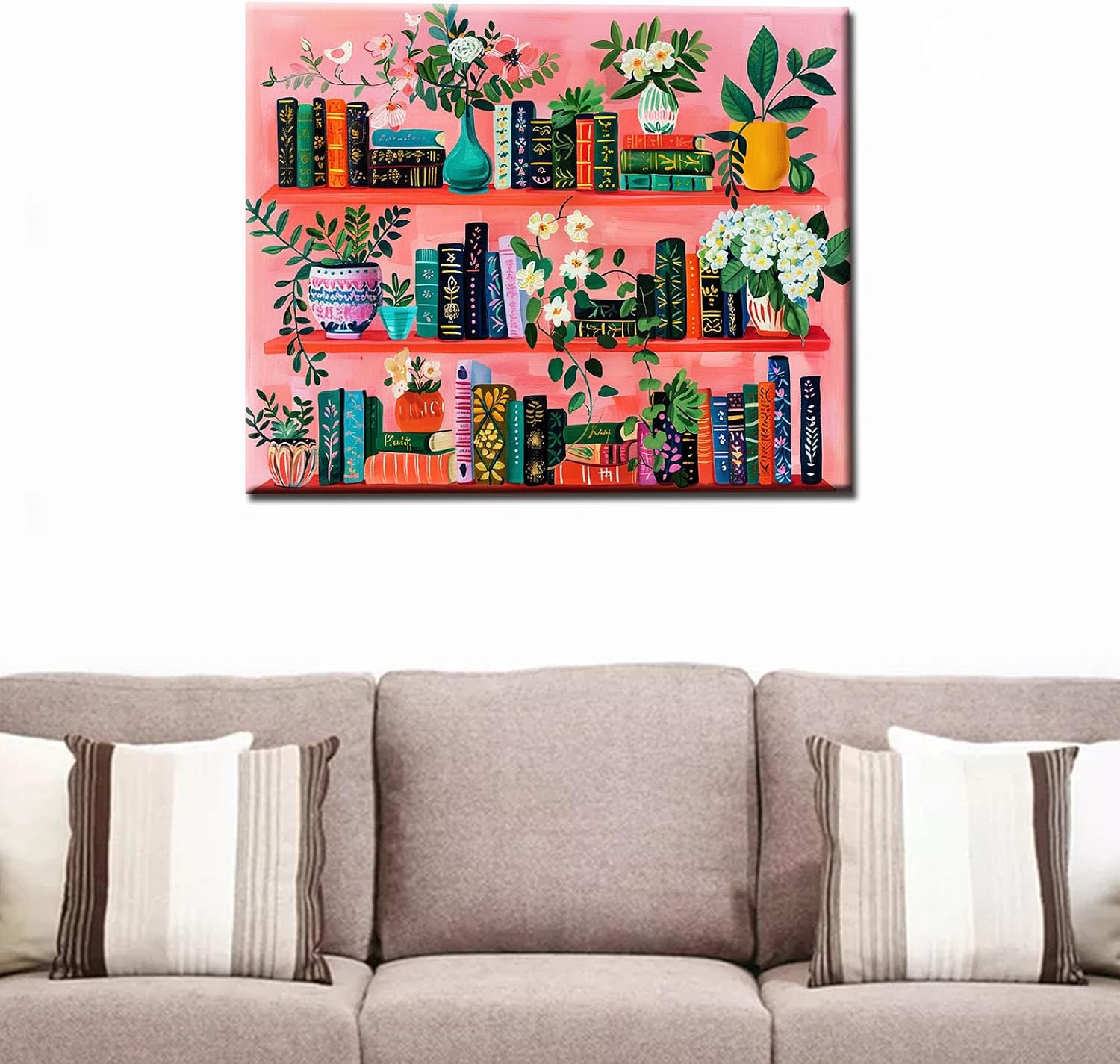Bookshelf Book Theme Pink Library Paint by Numbers Kits for Adult Paint by Numbers Boho Painting Kits on Canvas with Brushes and Acrylic Pigment for Home Wall Decor Without Framed 16''W x 20''H image 3