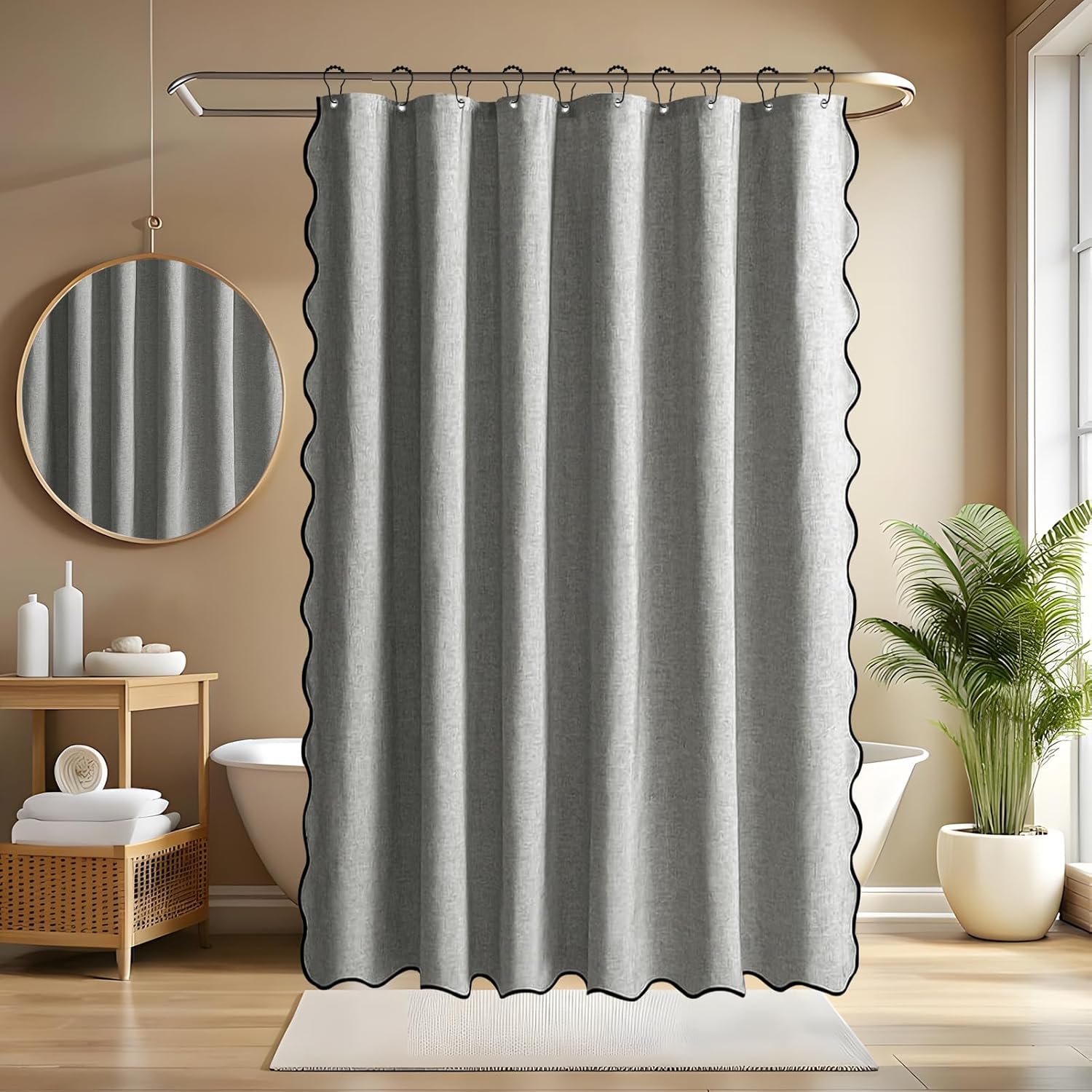Seorsok Scalloped Design&Black Border Shower Curtain,Linen Textured Shower Curtain with 12 Metal Hooks,Fabric Neutral Thick Cloth,Machine Washable Waterproof Bathroom Decor W72*L72,Grey