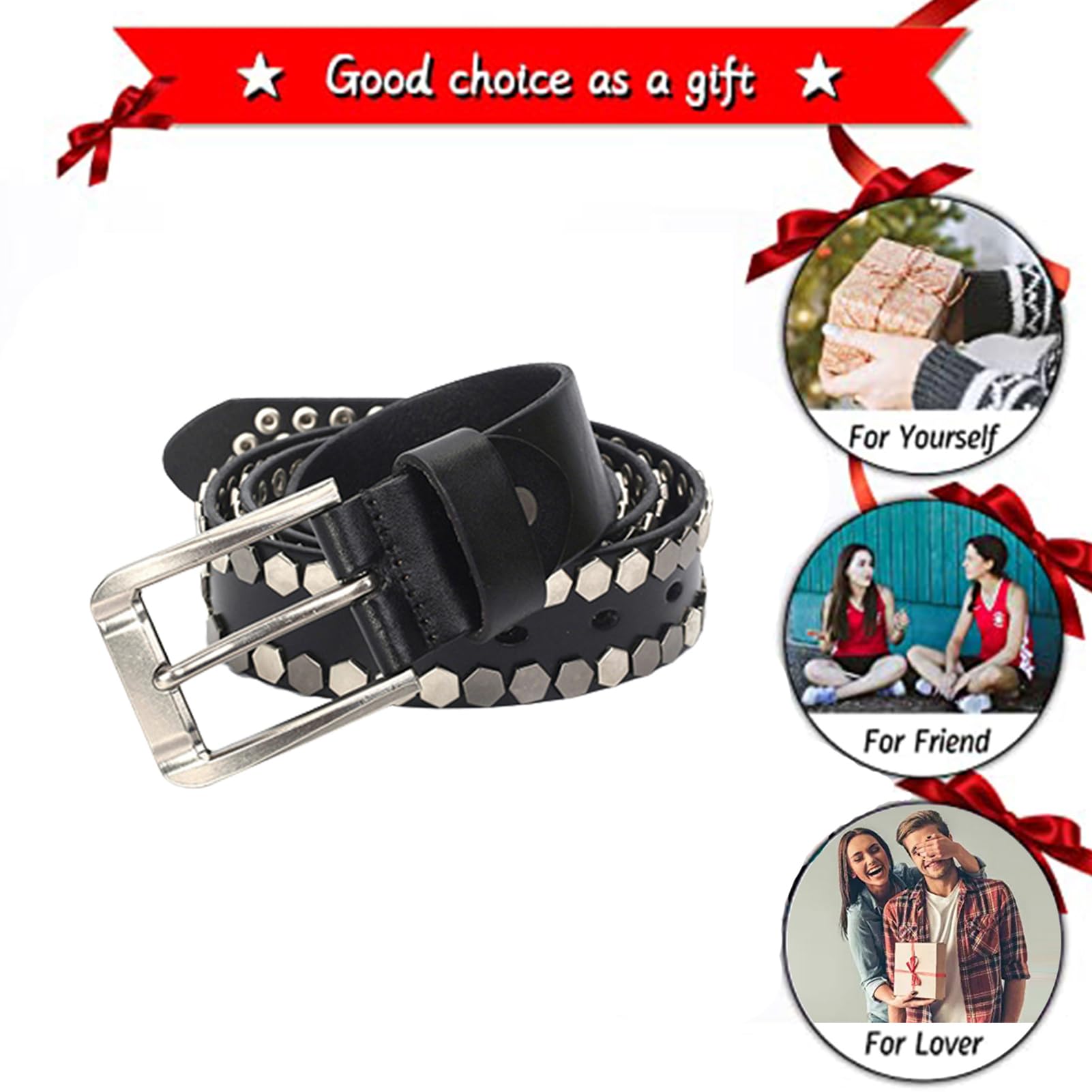 Ceinture en Cuir à Rivets Tendance Motif Clouté Style Punk Rock Boucle à Griffes Réglable Ceinture Décontractée(110cm/waist:37", Black)