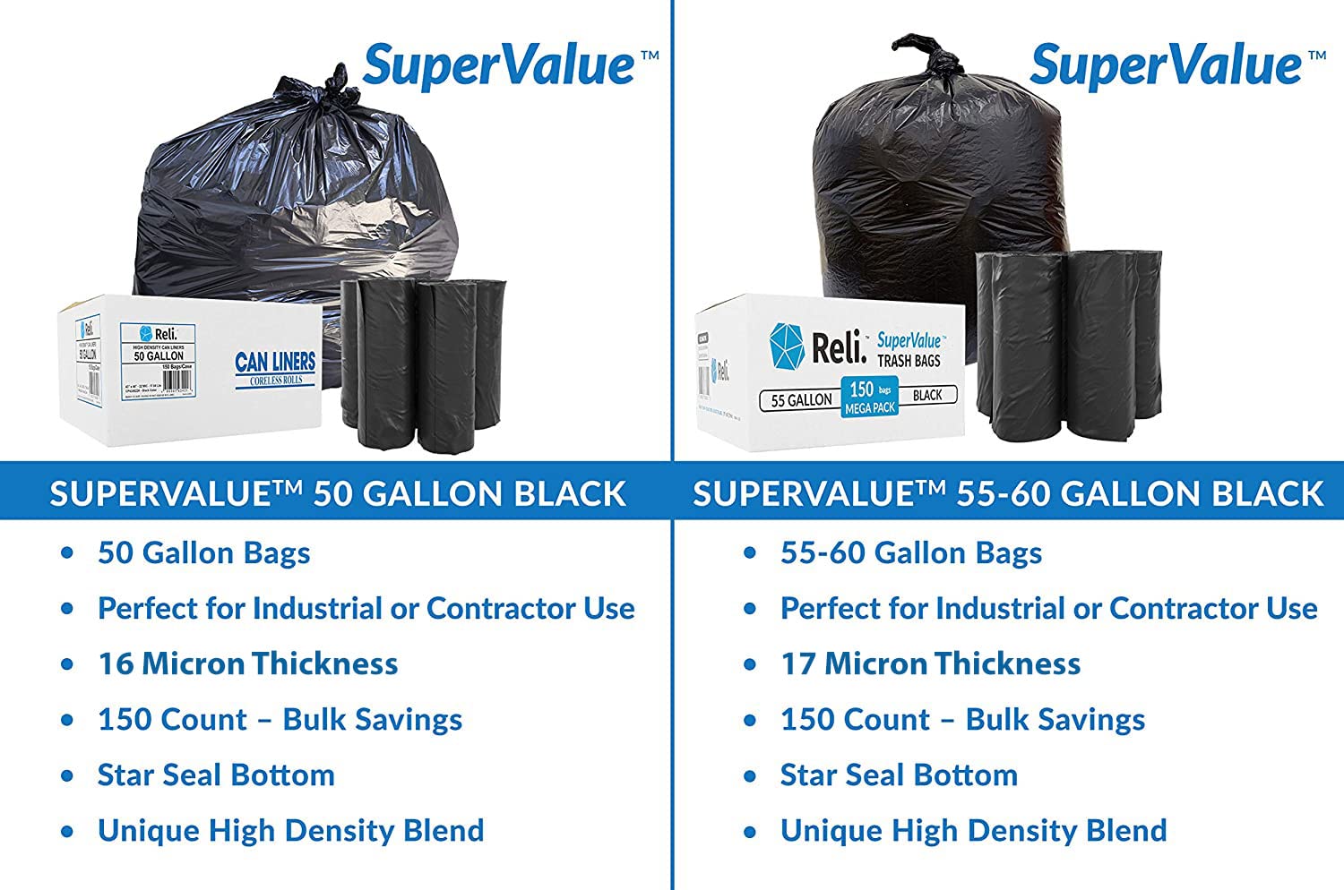 Reli. Bolsas de basura prémium de 50 galones, 150 unidades, fabricadas en Estados Unidos, resistentes, a granel, supervalor, bolsas de basura negras multiusos