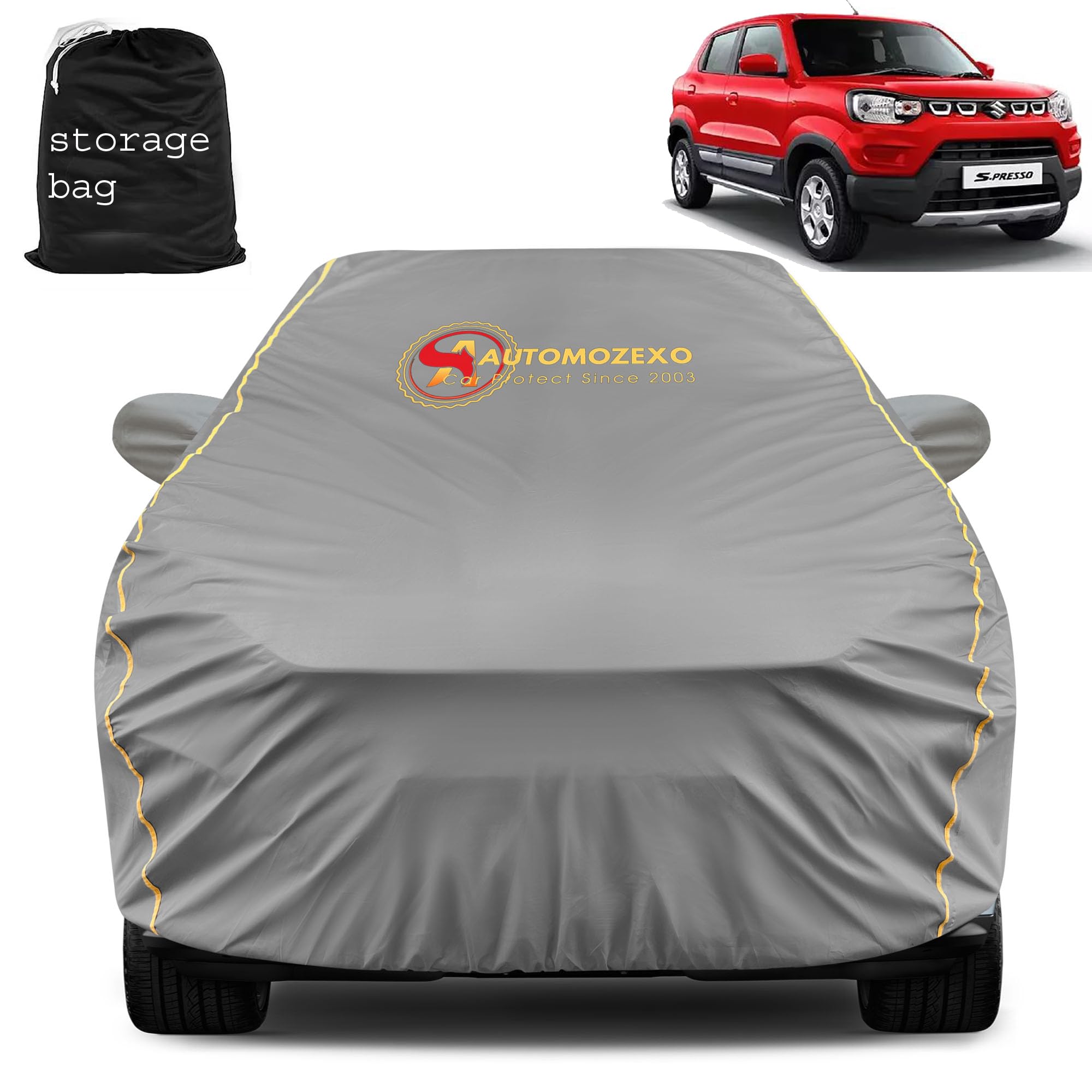 AUTOMOZEXO Maruti SPresso Car Cover with Mirror Pocket Waterproof Inner Cotton Layer Adjustable Belt Bottom Elastic Triple Stitched Cover to Secure fit and Protect from All Indian Climates (Grey)