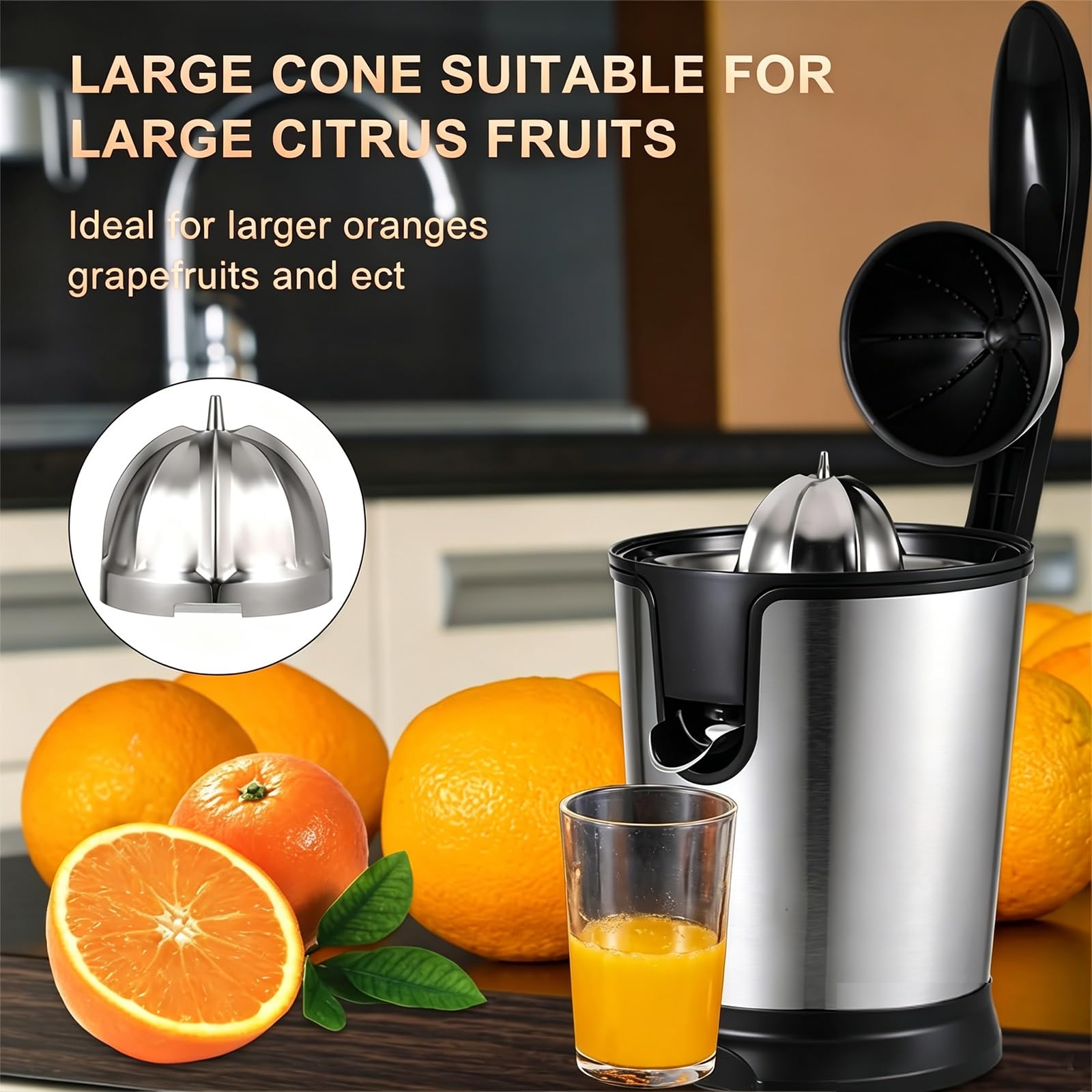 Exprimidor de Cítricos Eléctrico de 300 W, Exprimidor de Naranjas de Acero Inoxidable con 2 Conos for Limones y Pomelos, Boquilla Antigoteo for Uso Doméstico