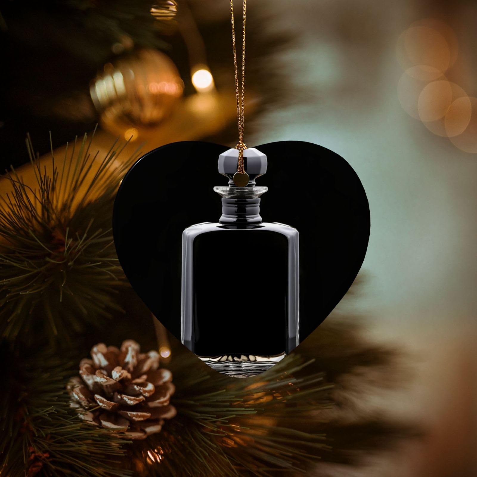 Christmas Tree Ornaments Ceramics Christmas Decorations Black Perfume Bottle Ornaments with Gold Ribbon Porcelain Xmas Tree Crafts Heart Shape Hanging Pendant for Christmas Tree Party Decor