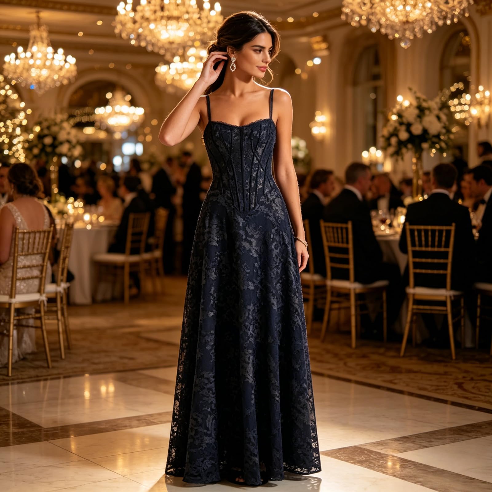 Vestido de dama de honor con tirantes delgados para mujer, con encaje floral, cuello drapeado, largo, plisado, formal, vestido de noche de boda