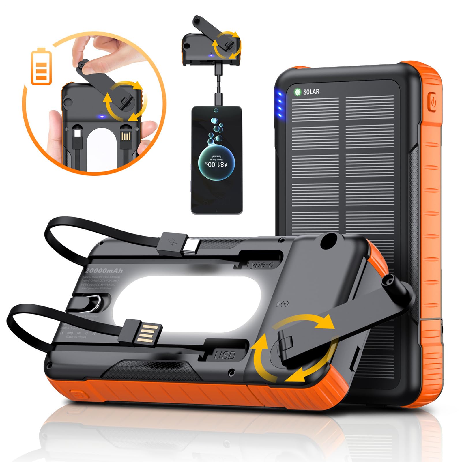 Caricatore Solare Power Bank Impermeabile Con Torcia Luminosa | Caricatore Solare Con Manovella Batteria Portatile Per Smartphone, Fotocamera, Tablet, Campeggio, Escursionismo E Zaino In