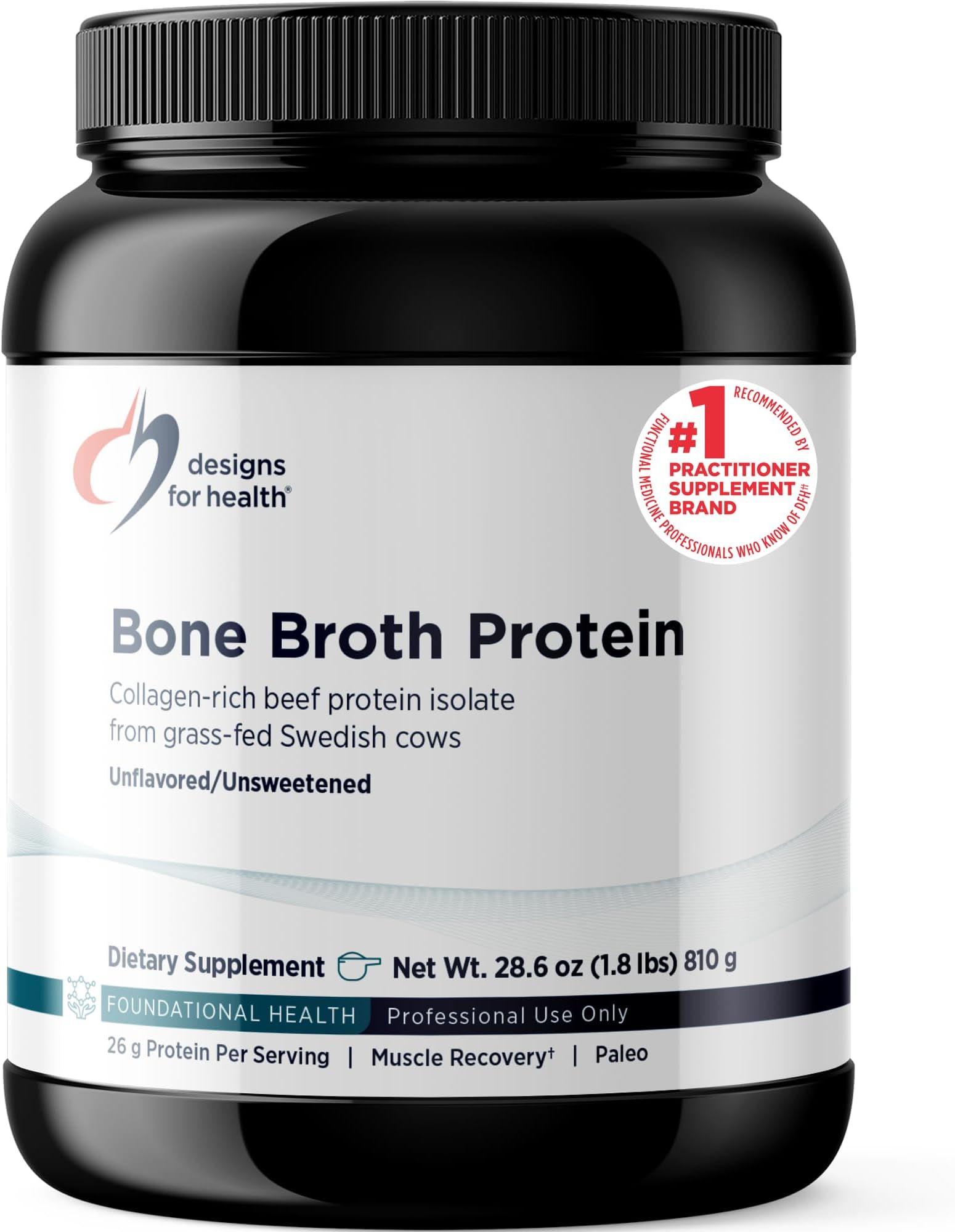 Designs for Health Bone Broth Protein Powder - 26g Grass-Fed, Collagen-Rich Beef Protein Isolate – Unflavored, Paleo, Non-GMO, Dairy-Free (30 Servings / 810g)