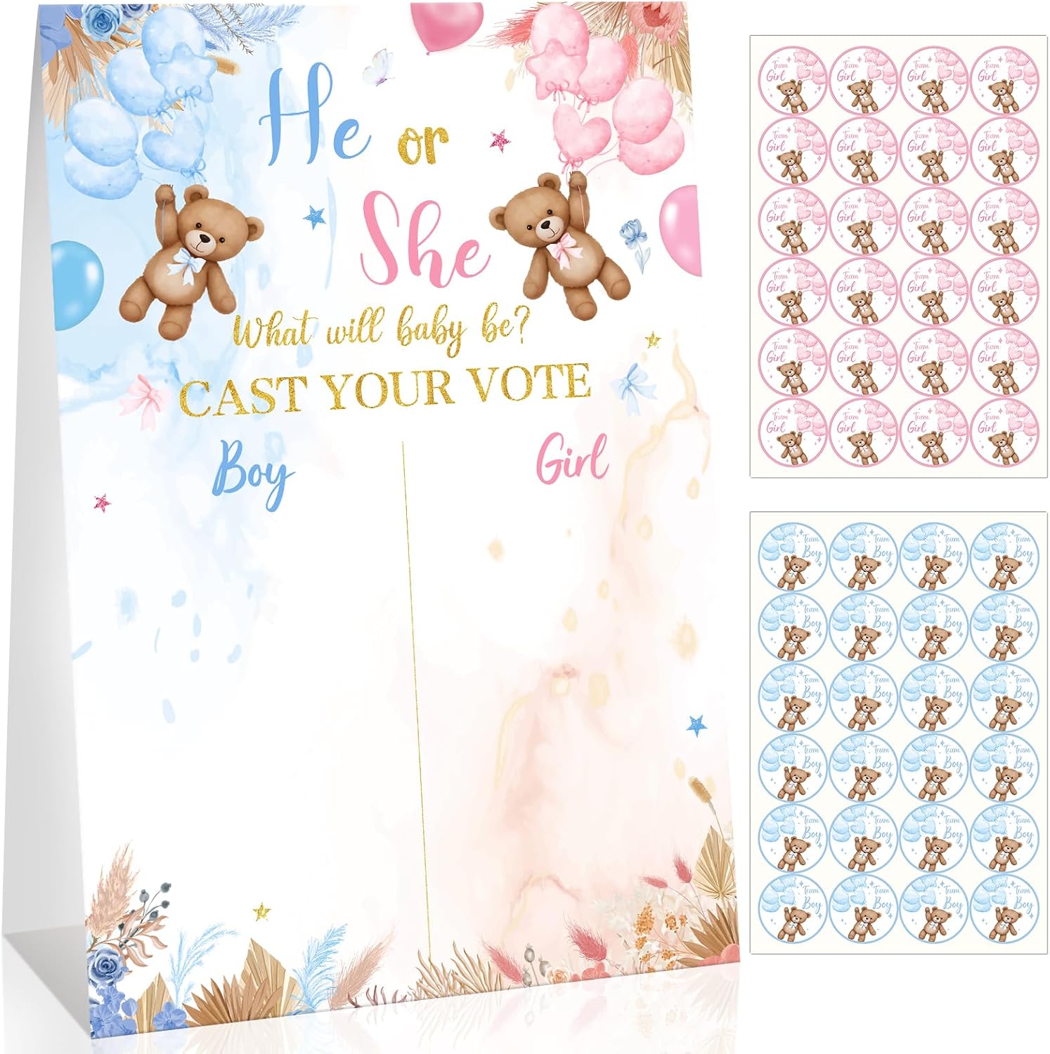 49pcs Gender Reveal Party Games, Burnouts or Bows Theme Baby Gender Reveal Voting Board Sign,Boys Girls Burnouts or Bows Voting Stickers, He or She, Decorations for Boy or Girl Baby Shower
