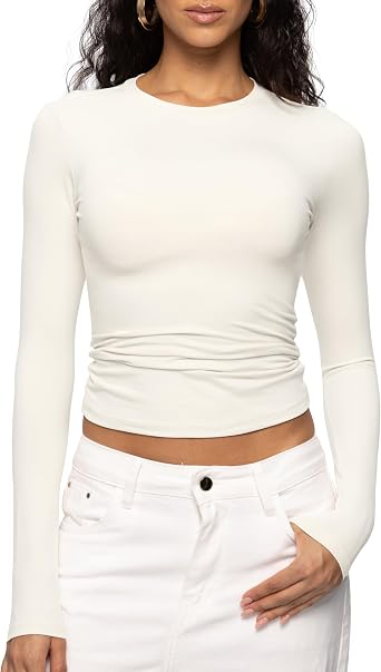 ENERFUL Womens Long Sleeve Shirts Crew Neck Slim Fitted Going Out Crop Casual Tops Basic Tees