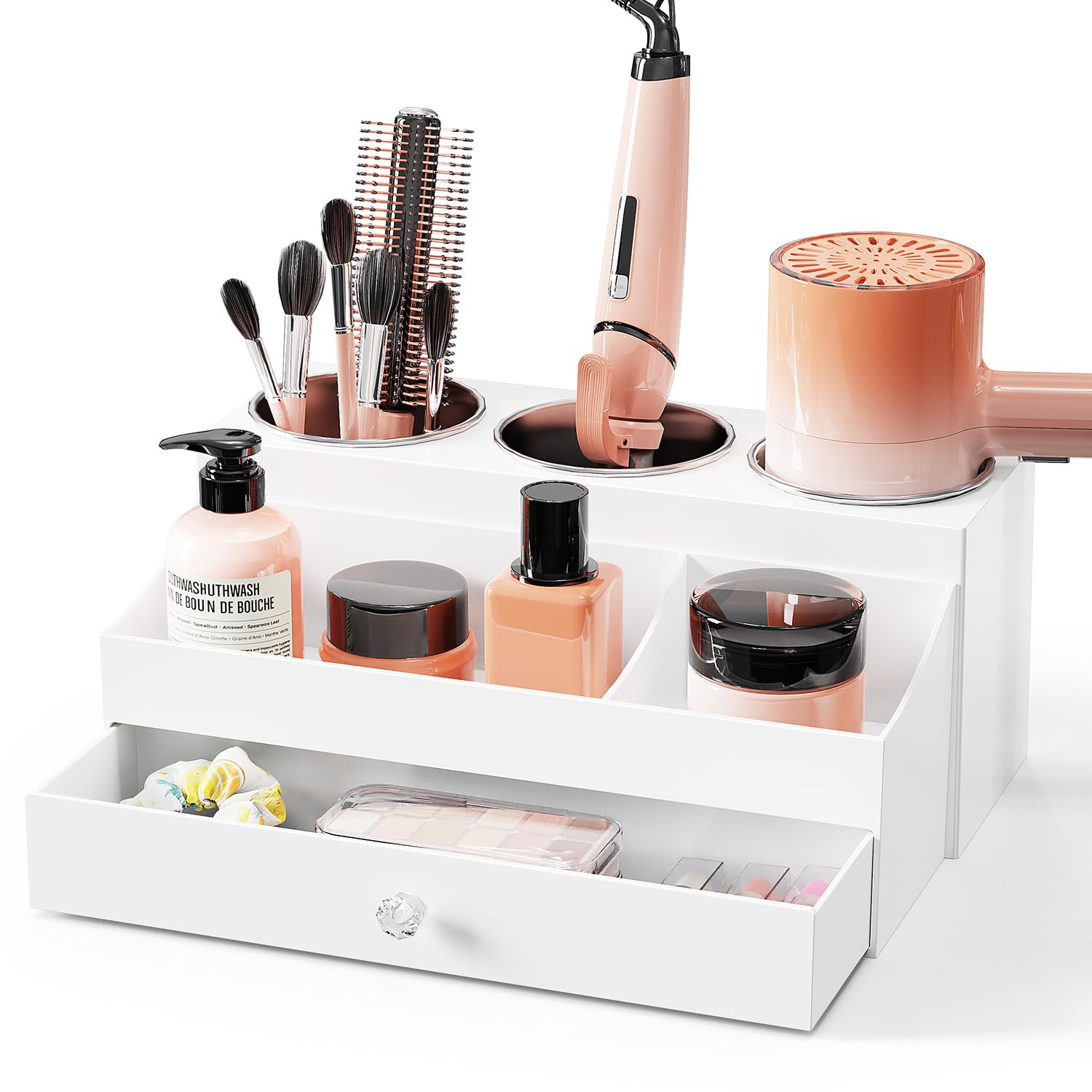 BYUNER Hair Tools Organiser, White Hairdryer Holder with Drawer, Acrylic Hair Dryer Holder for Dressing Table, Bathroom Counter Hair Dryer and Straightener Holder for Vanity Caddy, Makeup, Toiletries