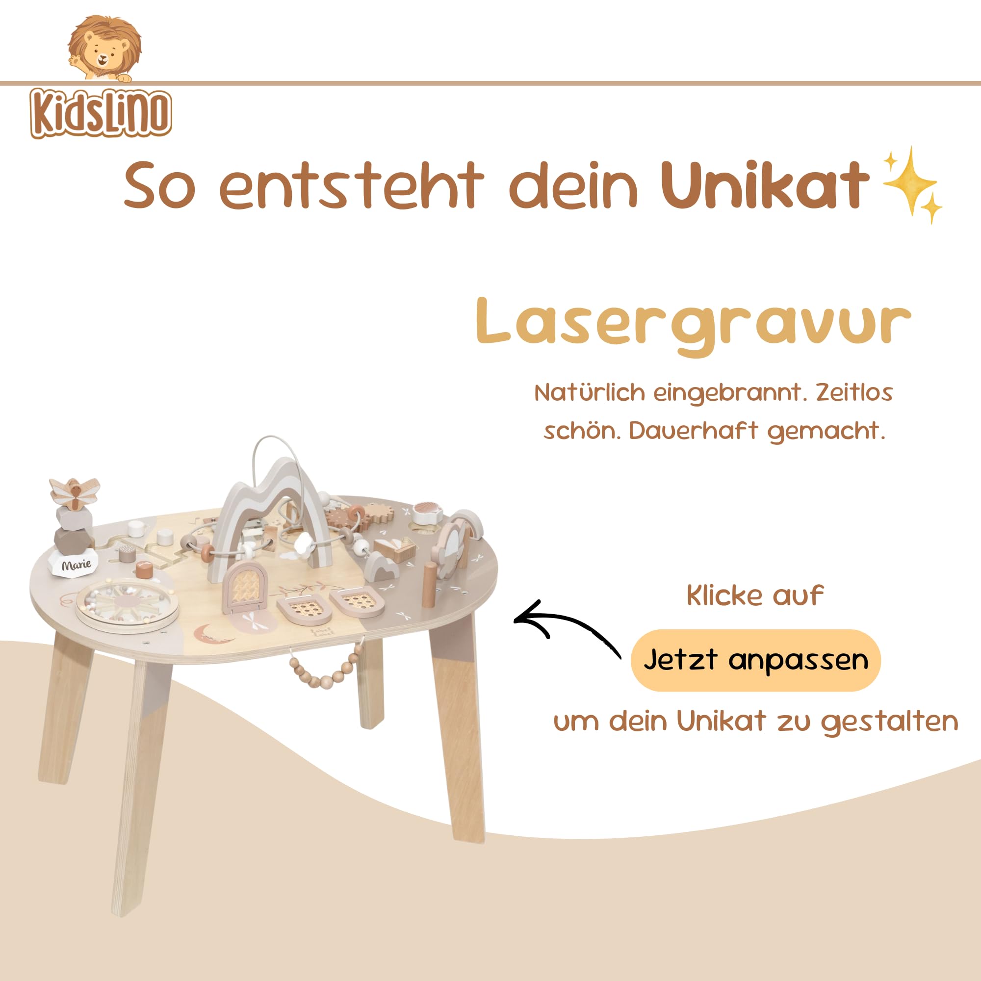Spieltisch ab 1 Jahr aus Holz personalisiert – 2in1 Motorikspielzeug & Motorikwürfel – Montessori Lernspielzeug Baby – Steckspiel & Aktivitätstisch – Holzspielzeug ab 12 Monate Junge & Mädchen Nougat