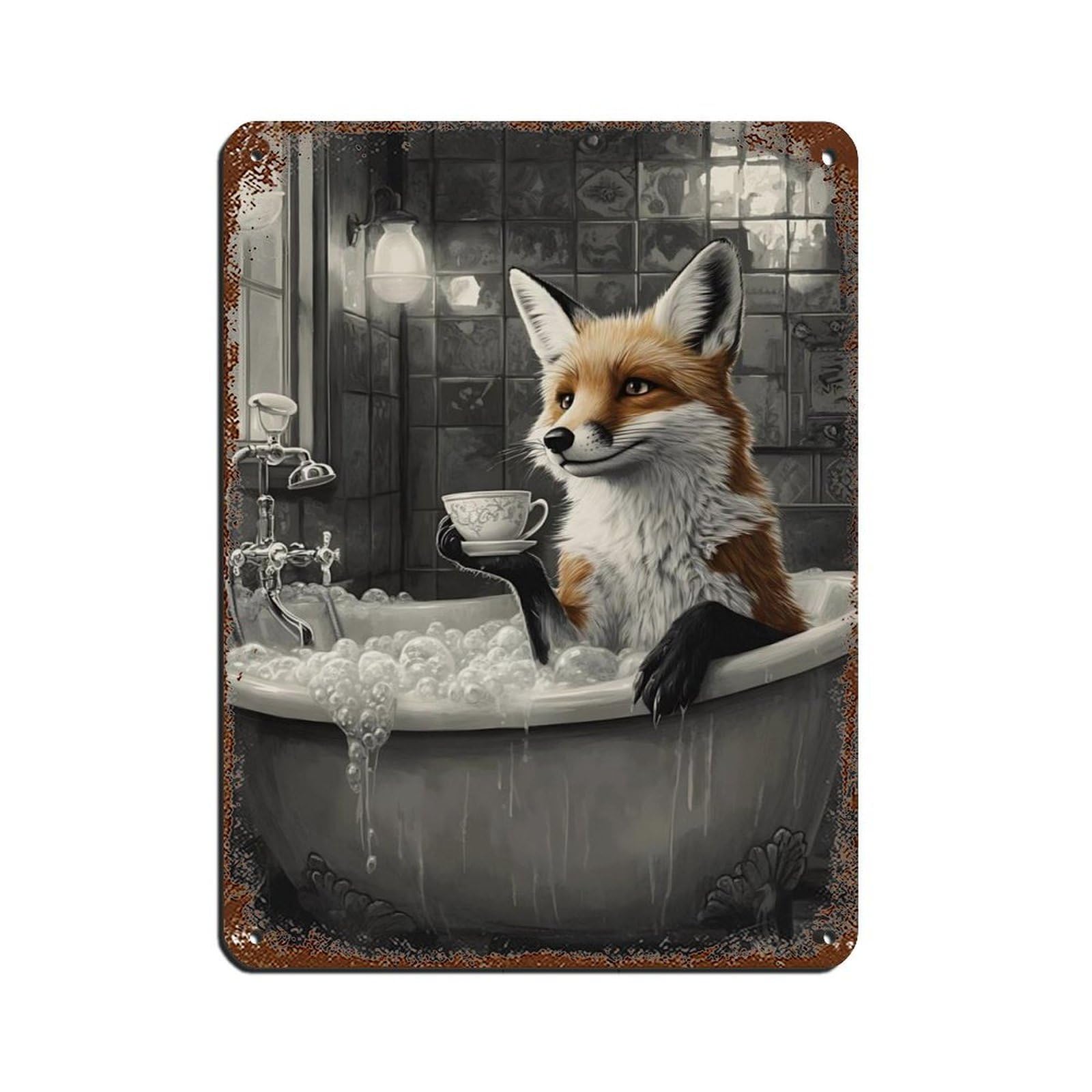 Whimsical Fox in Vintage Bathtub Tin Sign Vintage Metal Pub Club Cafe Bar Home Wall Art Decoration Poster Retro 12x16inch(30x40cm)