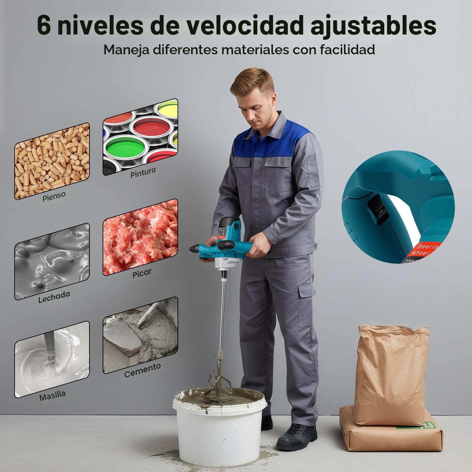 Mezclador de Mortero 2100W Hormigoneras Electricas 6 Velocidades Ajustables 800rpm Adecuado Para Cemento, Hormigón, Lechada Cemento Otros Materiales Viscosidad Media