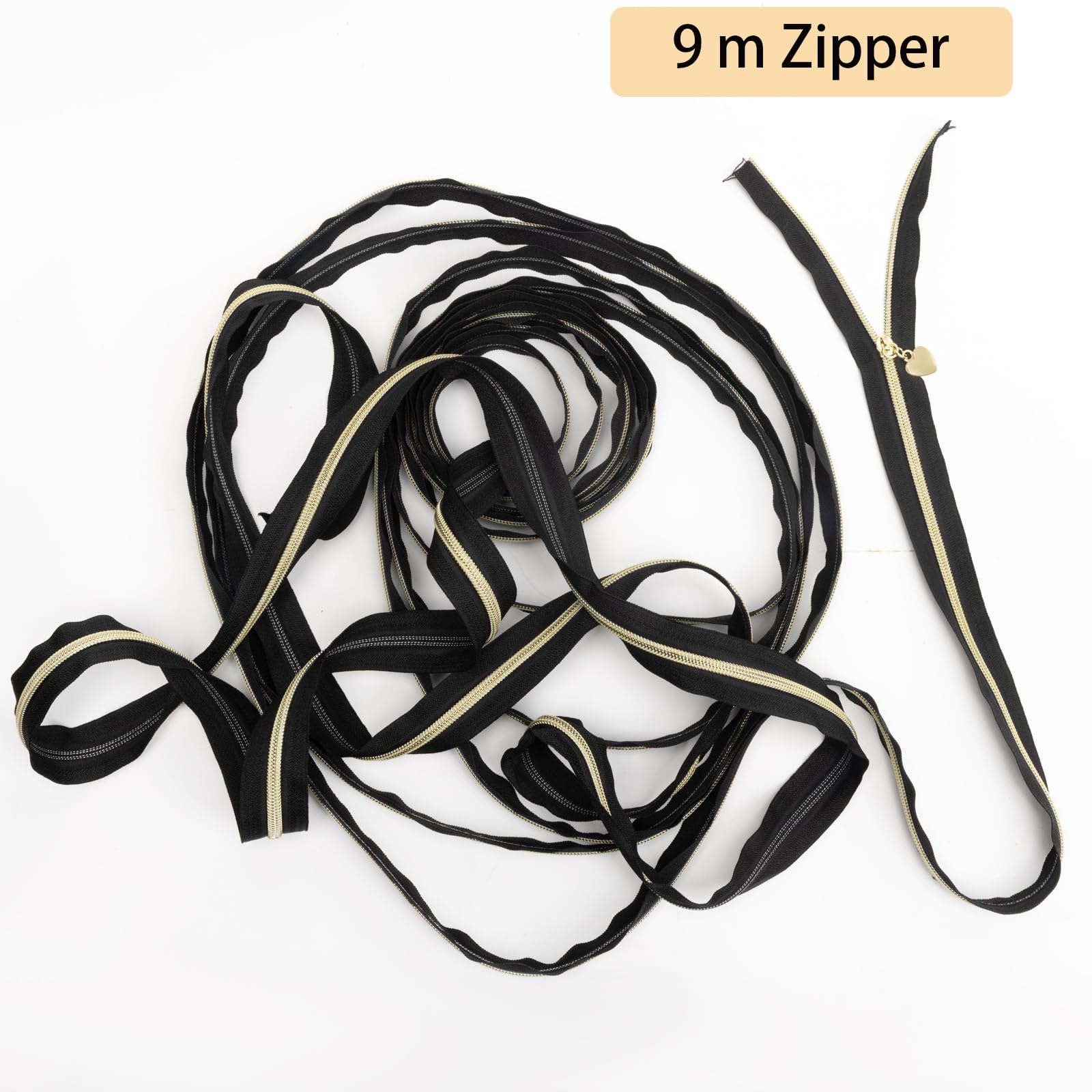 VOKABY 9m #5 Endlosreißverschluss mit Zipper 6mm,Reißverschluss mit 20 Metall-Reißverschlussanhängern (Gold,Schwarz)