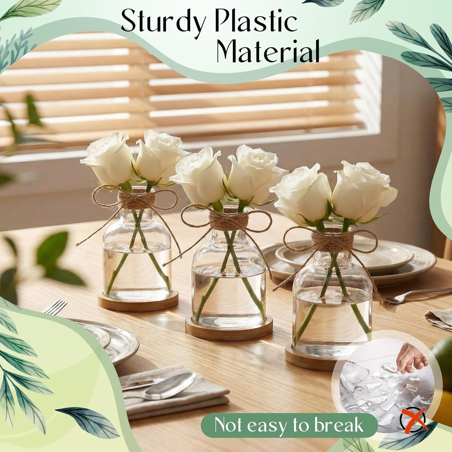Baderke 12 Pack Small Plastic Bub Vases for Centerpieces with Bamboo Coaster Clear Desktop Plant Propagation Stations Vases for Flowers Rustic Wedding Home Centerpieces Arranging Bouquets(Oval Style)