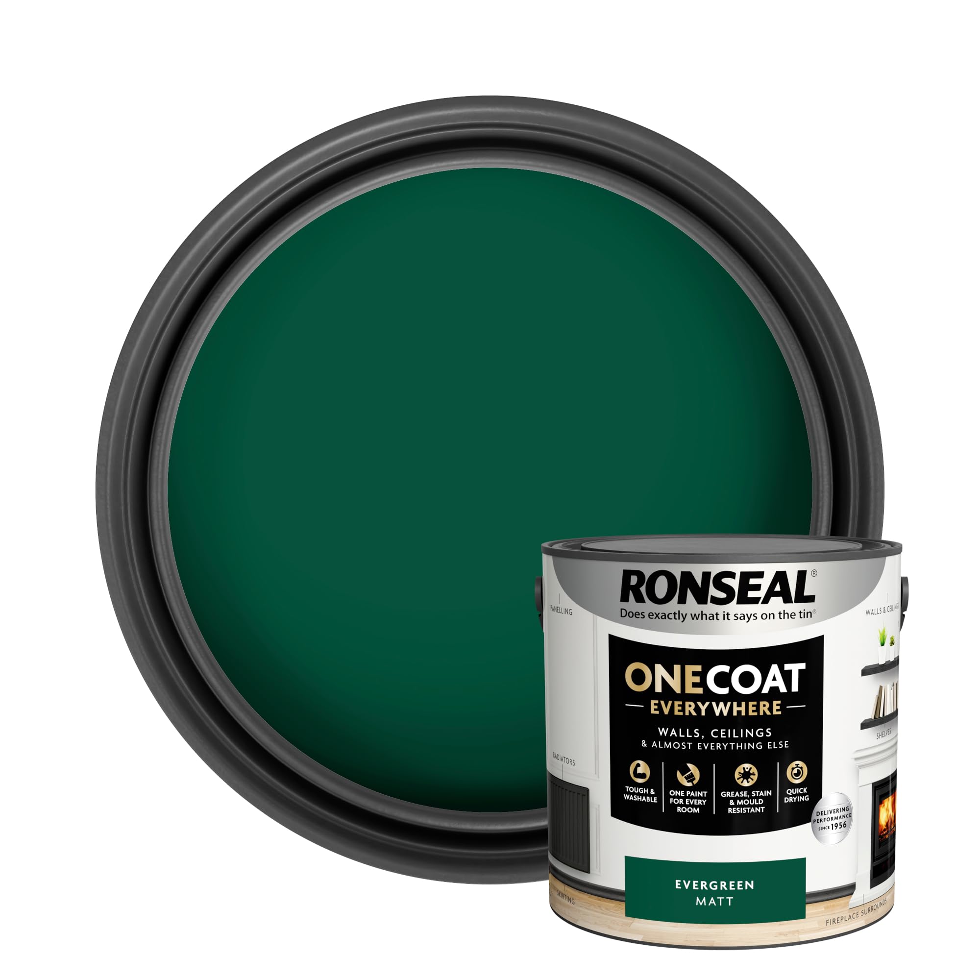 Ronseal One Coat Everywhere Washable Tough Quick Dry Matt Paint 2.5L - Evergreen