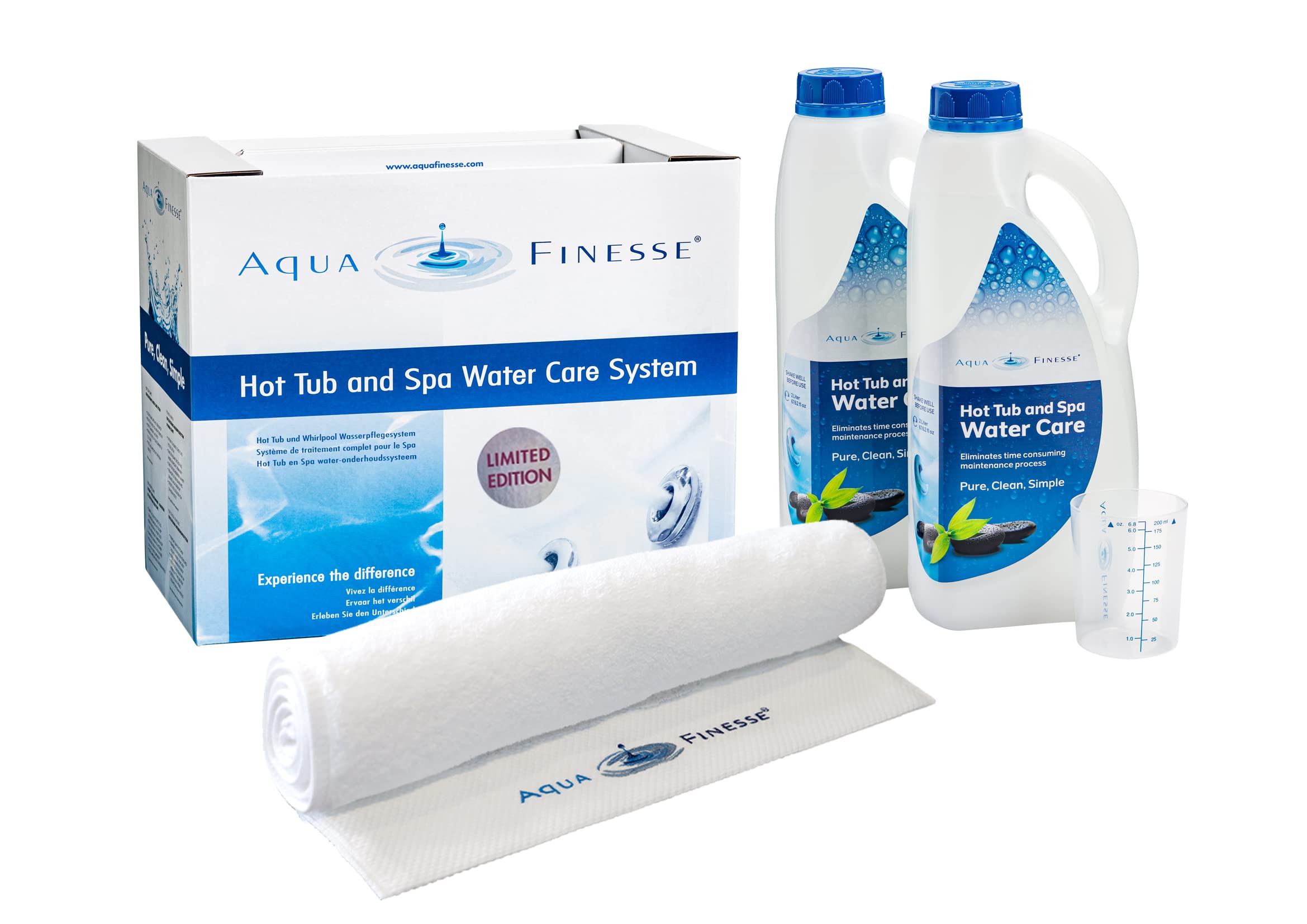 AquaFinesse Boîte pour l'entretien de l'eau de jacuzzi et SPA avec granulés de chlore ou pastilles de chlore Édition limitée incl. serviette en éponge (pastilles)