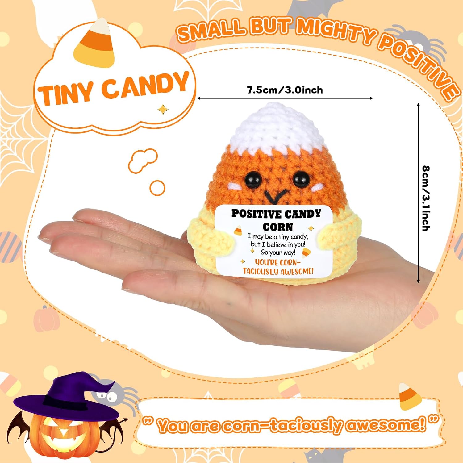 Positive Halloween Candy Corn Emotional Support Gift Inspirational Handmade Knitted Doll with Card Cute Motivational Mini Candy Corn Crocheting Present for Halloween Women Friend Family Birthday Decor