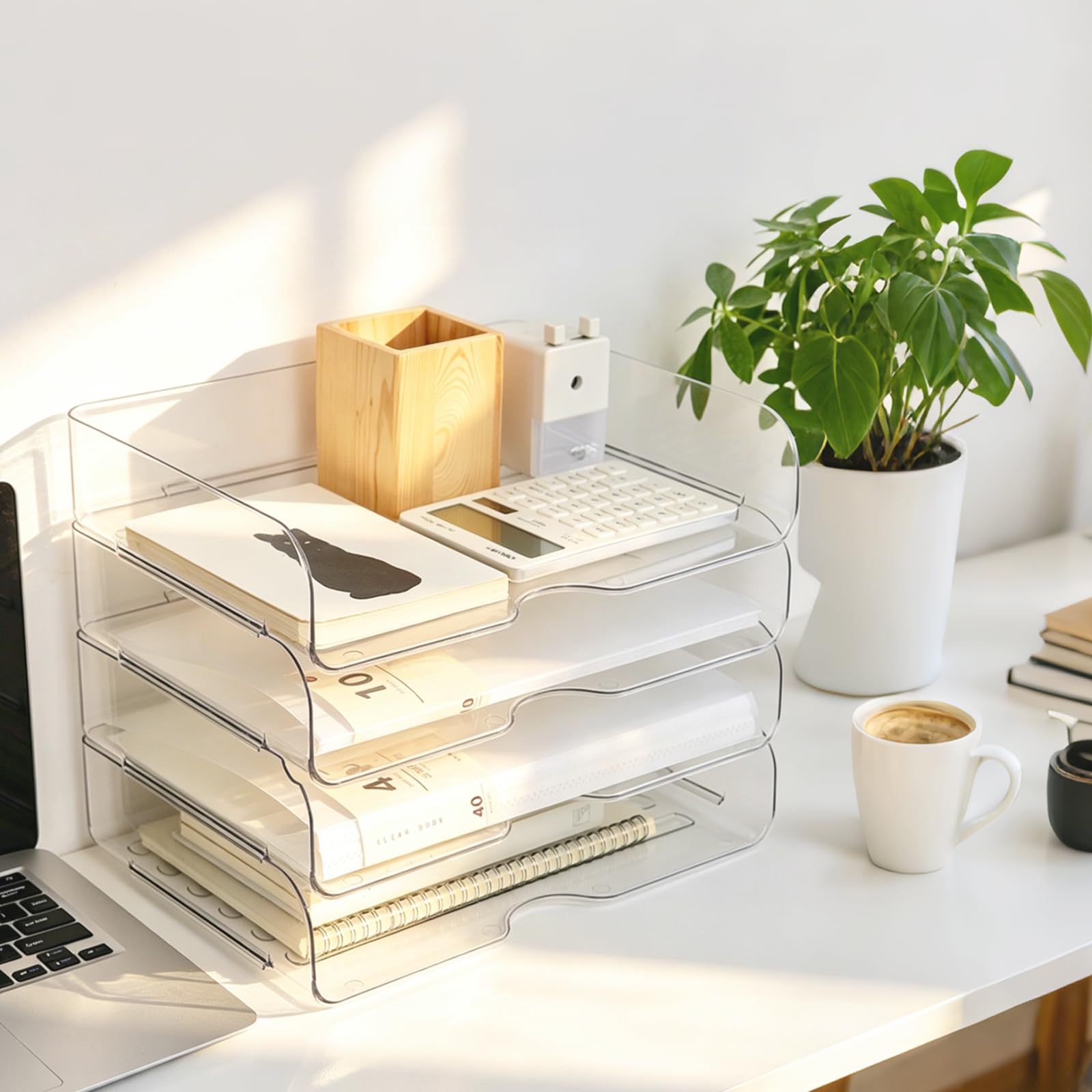 Hniuyun Vassoio per lettere impilabile in acrilico a 4 livelli, organizer per carta trasparente per scrivania, organizer per documenti, formato A4/lettera, forniture per ufficio, iPad, riviste e
