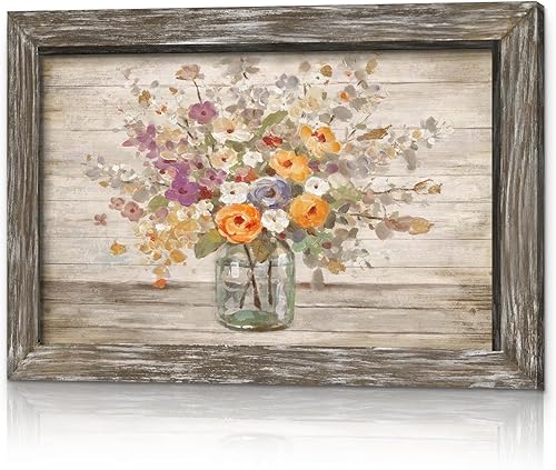 Miniatura 10 de Arte de pared enmarcado con ramo de rosas, pintura floral abstracta rústica marrón en florero, impresiones botánicas, obras de arte de madera