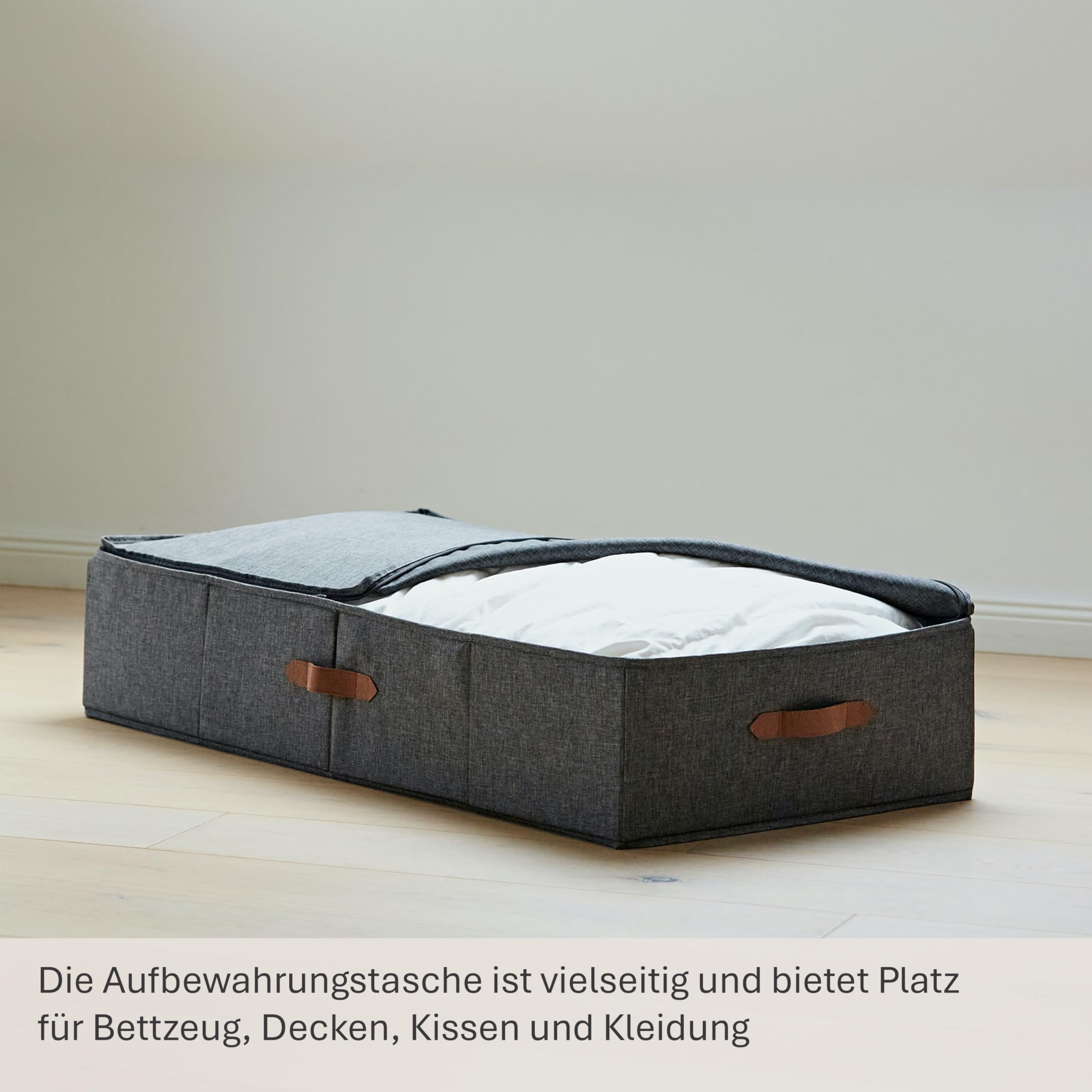 LOVE IT STORE IT Premium Unterbettkommode - Unterbett Aufbewahrungsbox für Bettzeug Aufbewahrung - Leinen - Stabil, verstärkt mit Karton - Grau - 90x45x18 cm