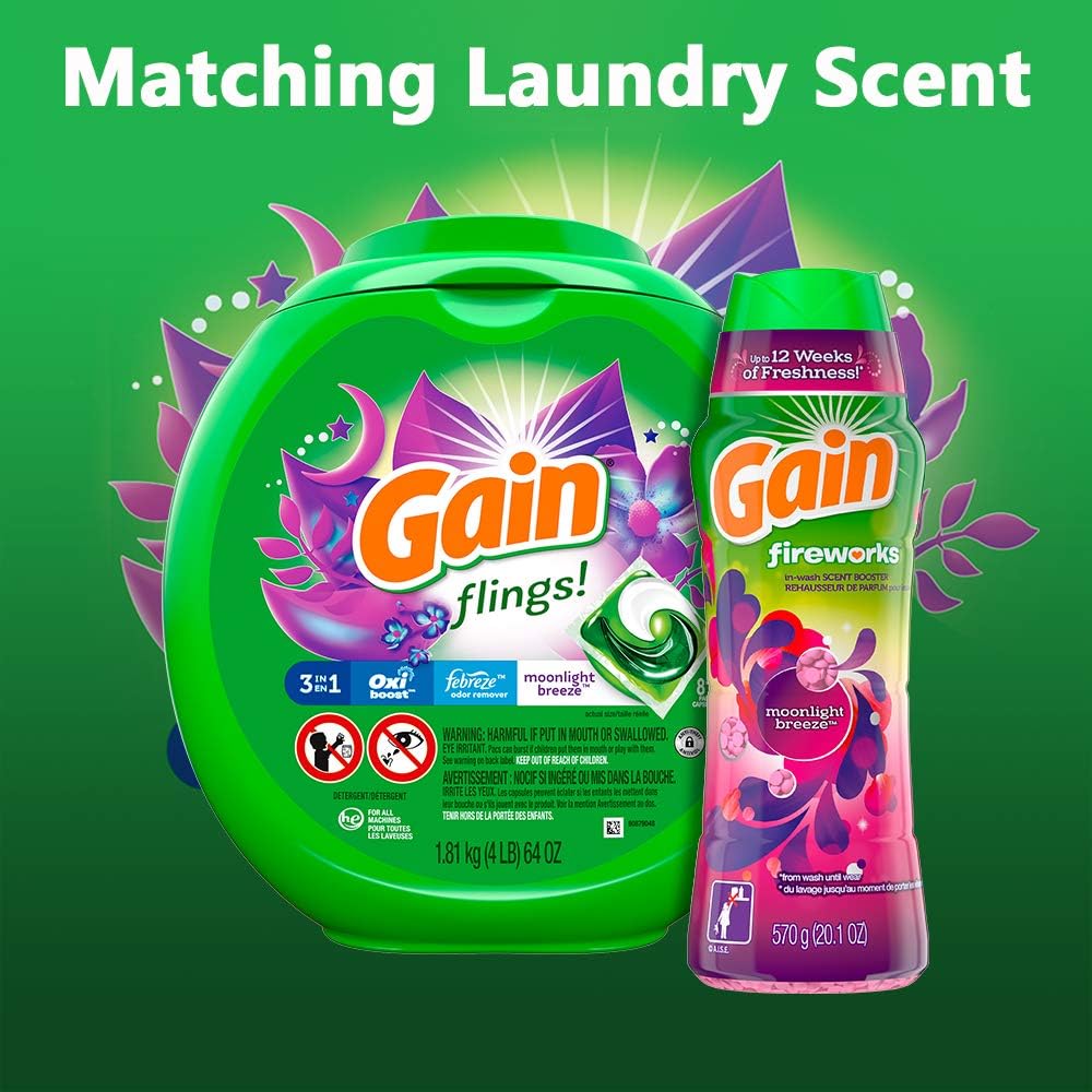 Gain flings! Laundry Detergent Pacs Plus Aroma Boost, Moonlight Breeze Scent, HE Compatible, 81 Count (Packaging May Vary) W/Fireworks in-Wash Scent Booster Beads, Moonlight Breeze, 20.1 Ounce