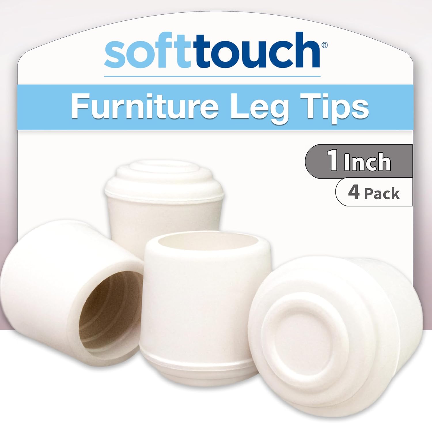 SoftTouch 1" Round Non-Marking Rubber Slip-On Chair Leg Tips, Nonslip Protective Furniture Leg Caps for Chairs, Stools, and Tables on Hard Surfaces, Set of 4, White