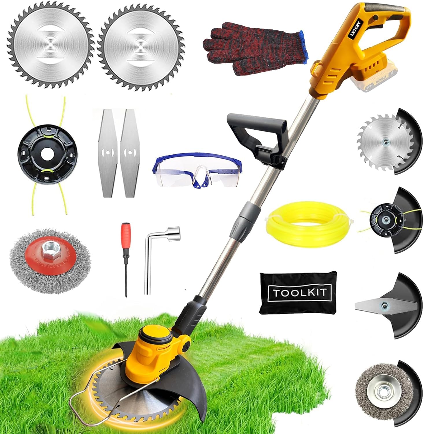 cordless weed wacker for dewalt 20v battery, 4 in 1 weed eater battery powered, 1300w lightweight cordless weed wacker, brush cutter for lawn, yard and bush trimming (no battery) (yellow)