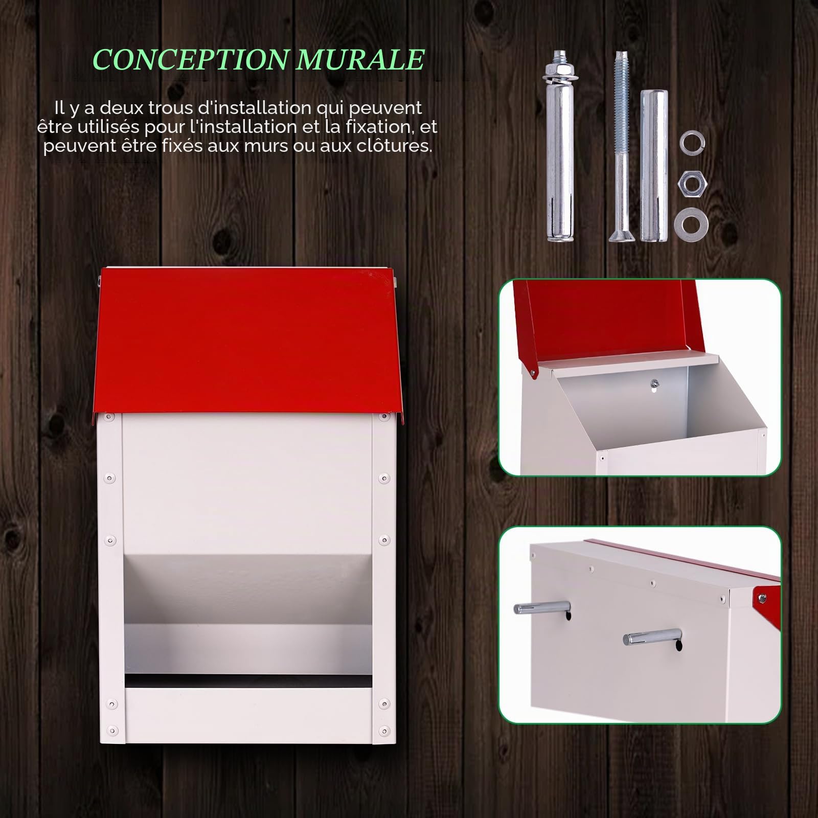 Distributeur de Nourriture Automatique pour Volaille 4,5 kg – Galvanisé avec Couvercle Suspendu, Mural pour Poulet Canard Extérieur