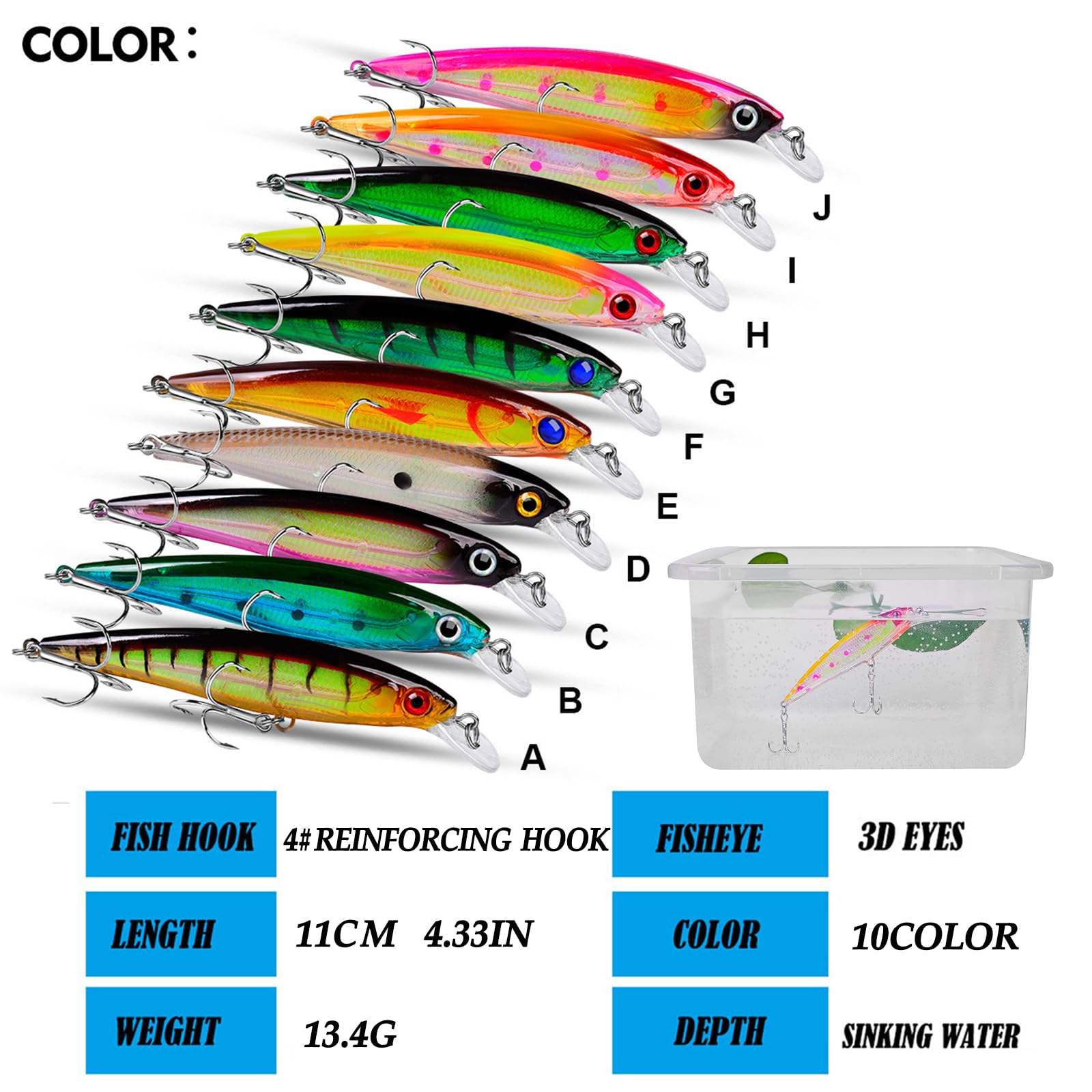 Kit Señuelos Pesca con Ojos 3D Realistass - Cebos Artificiales para Black Bass, Calamar y Trucha - Pesca Accesorios con Anzuelos Trebles Afilados y Efecto Luminiscente - Ideal para Mar, Río y Lago