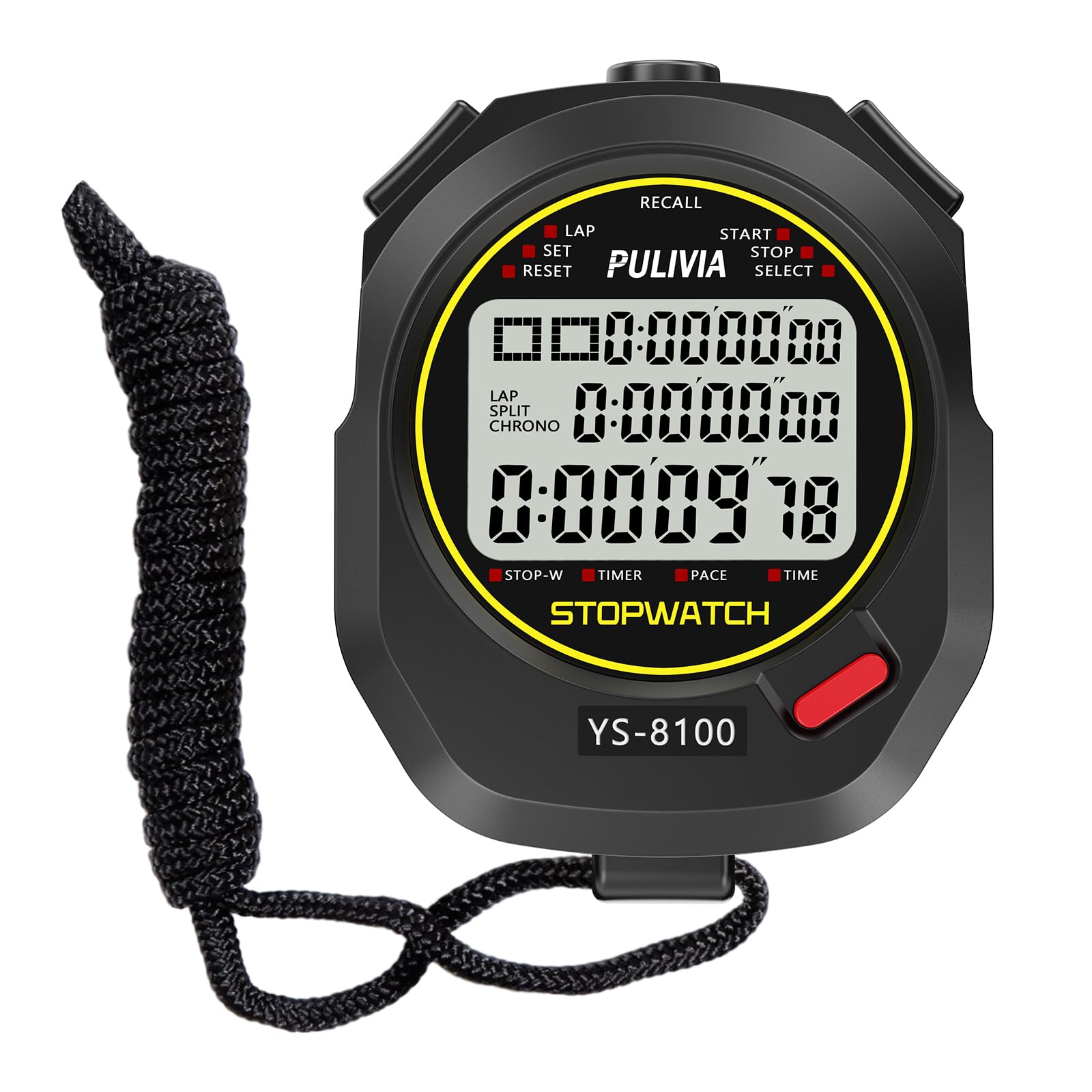 Pulivia Black Stopwatch Sport Timer 100 Laps/Splits Digital Stop Watch With Recall Countdown Timer Clock Alarm Calendar, Large Display Stop Watch For Sports Coaches
