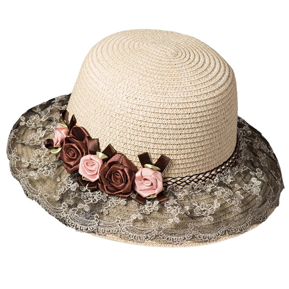 Sombrero de Paja Sra. Verano Playa Protección Solar Sombrero de Playa Decoración de Encaje Sombra de Viaje Sombrero para el Sol Sombrero Anti-Sol Fresco y Seco (Color : Beige) (Beige)