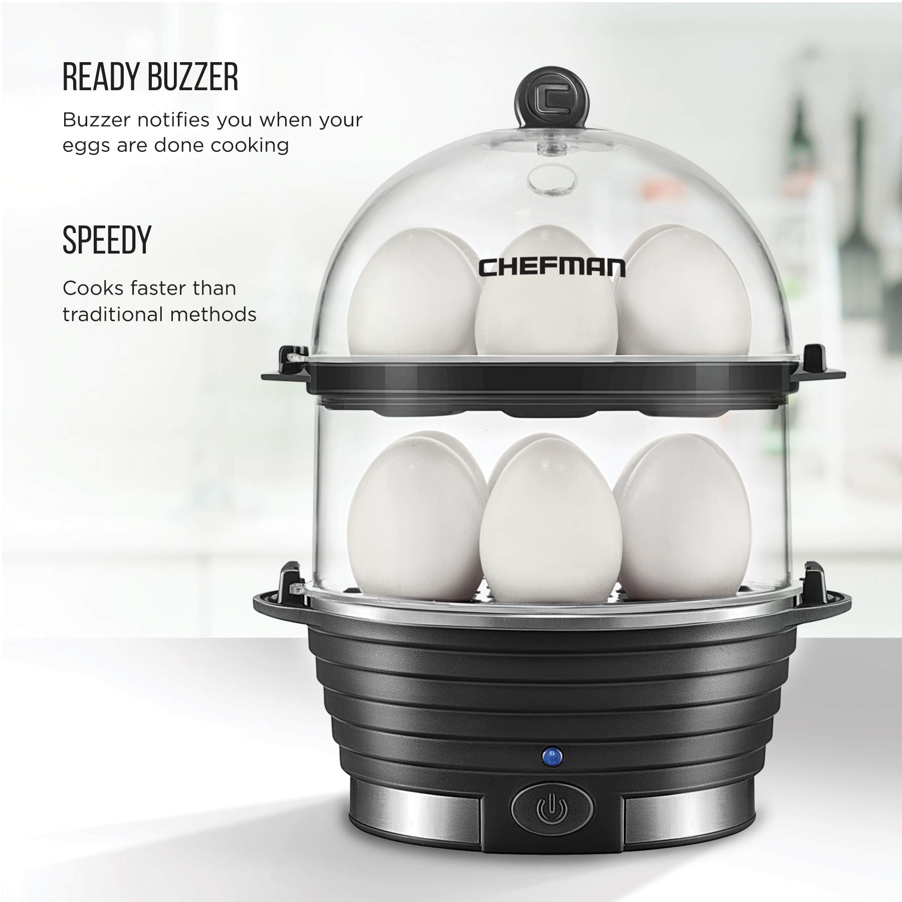Chefman Electric Egg Cooker Boiler, Rapid Egg-Maker & Poacher, Food & Vegetable Steamer, Quickly Makes 12 Eggs, Hard or Soft Boiled, Poaching and Omelet Trays Included, Ready Signal, BPA-Free,: Black