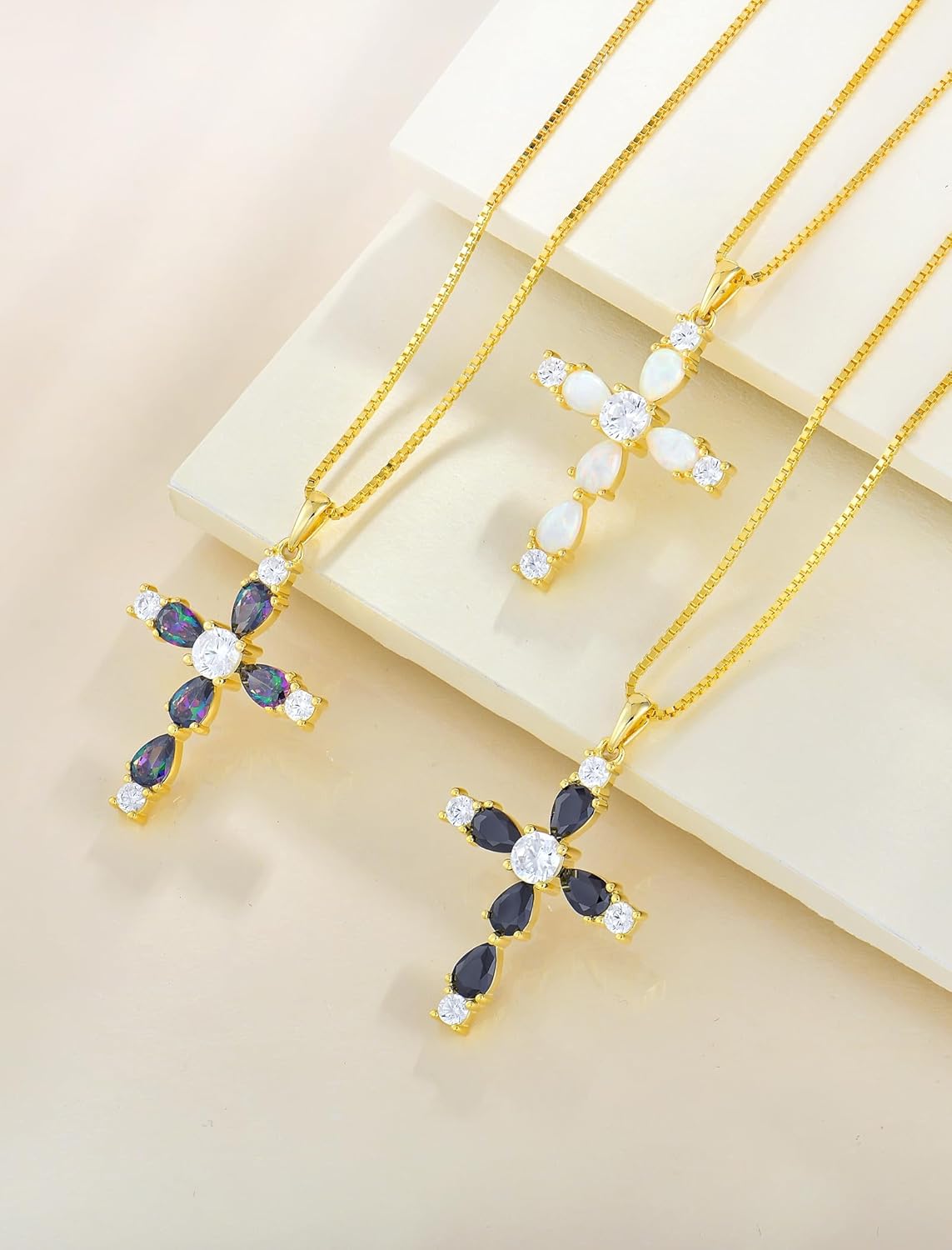 YL Cross Necklace for Women 925 Sterling Silver Halo Gemstone Pendant Birthstone Religious Jewelry for Mom - Image 4