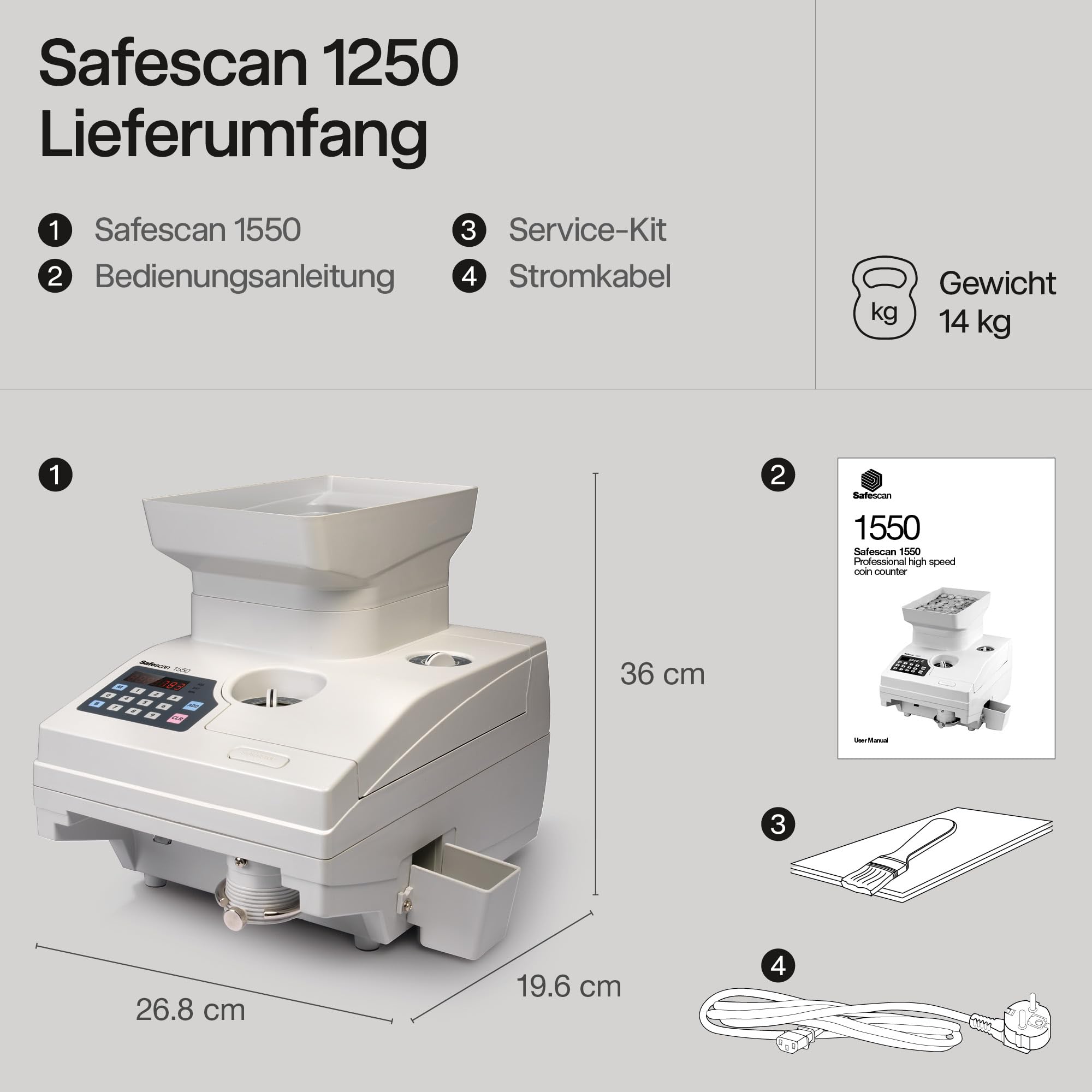 Safescan 1550 HighSpeed Münzzähler zählt schnell sortierte Münzen - Robuste Geldzählmaschine für Münzzählungen mit hohem Volumen - Geldzählmaschine für alle sortierten runden Münzen und Wertmarken