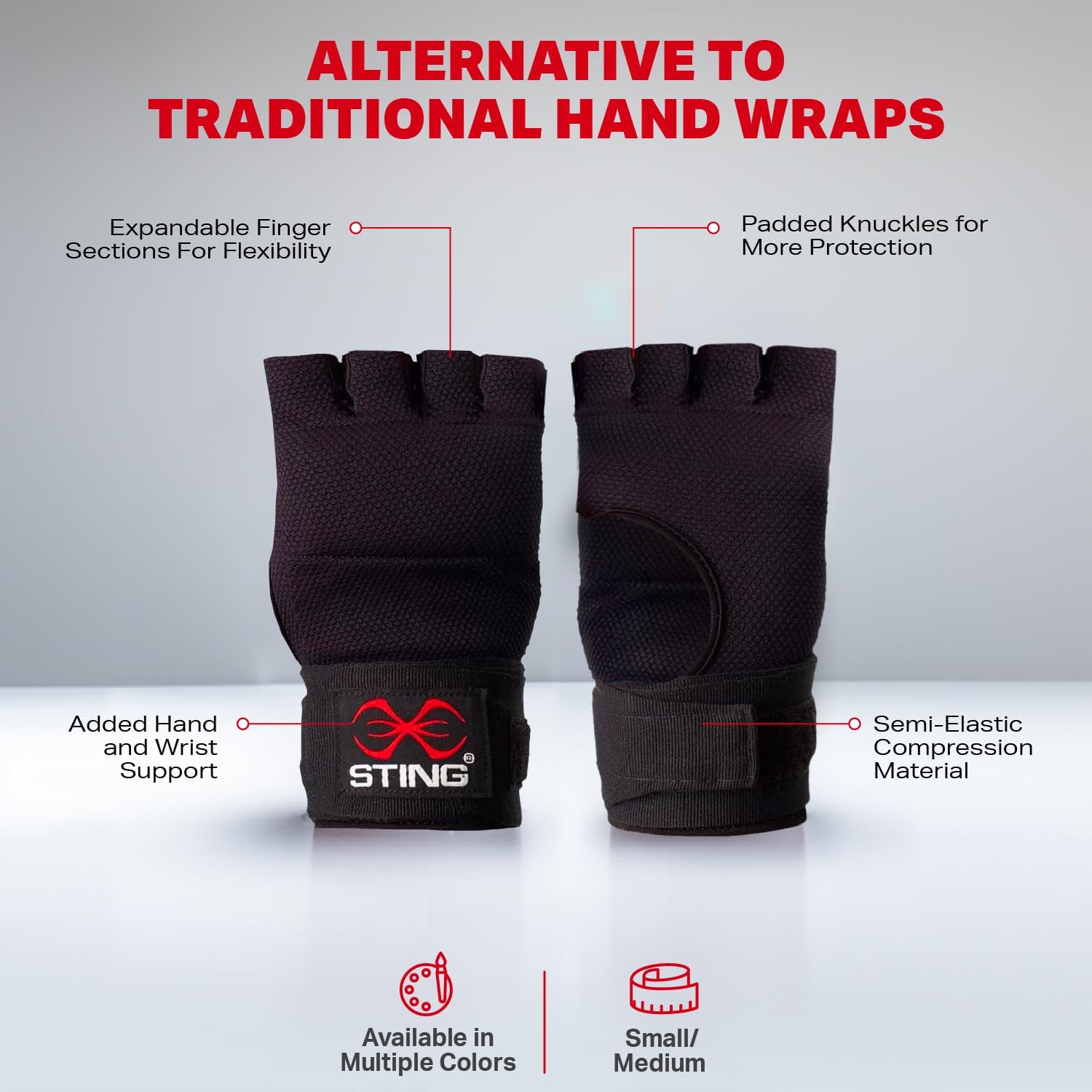 STING Quick Boxing Hand Wrap Gloves - Elastic Compression & Knuckle Padding - MMA & Muaythai Hand Protection for Training & Competition - Black, Medium - Men & Women