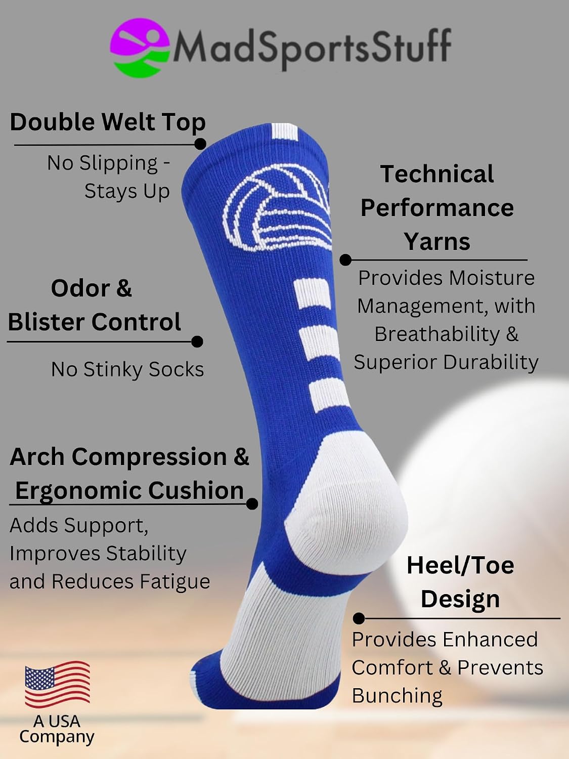 MadSportsStuff Volleyball Socks for Girls, Women & Teens in Crew Length Volleyball Accessories and Gifts
