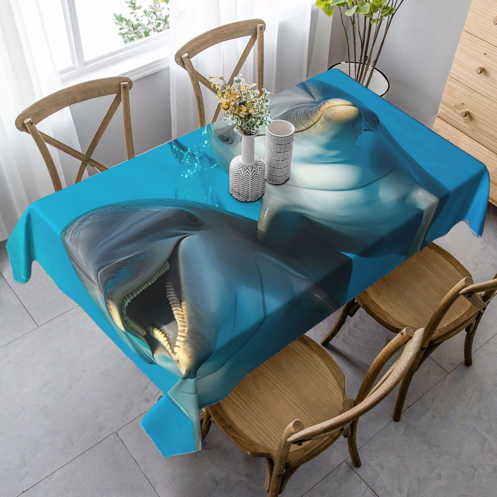 Smiling Face Dolphins Rectangle Tablecloth 35x55 Inch, Washable Reusable Farmhouse Table Cloths Wrinkle Free And Spillproof Kitchen Dinning Table Cover For Party Wedding Picnic Home Decor Tablecloths