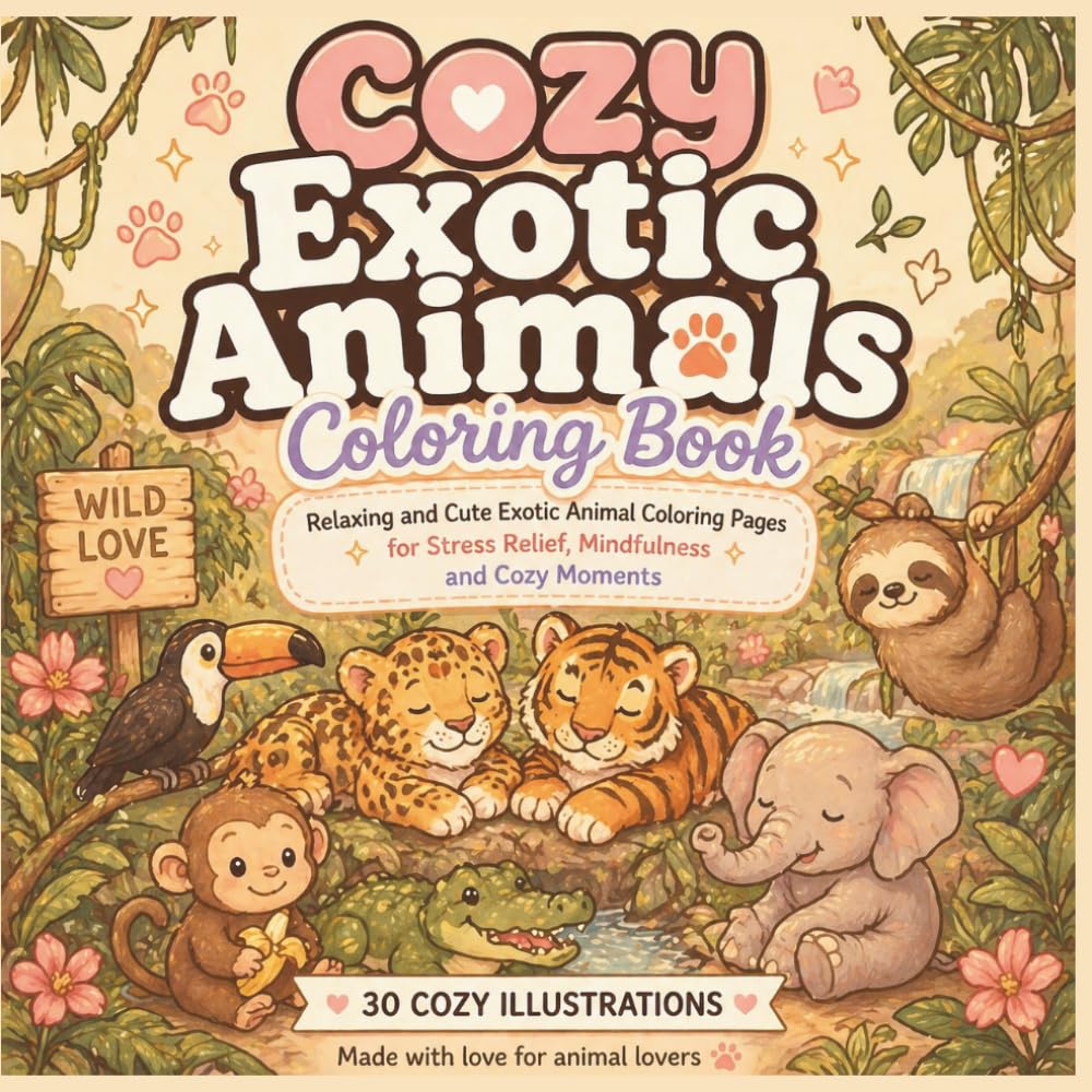 Cozy Exotic Animals: A Relaxing Coloring Book Featuring Adorable Exotic Creatures, Tropical Adventures, and Cozy Moments