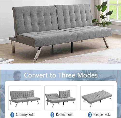 Miniatura 3 de Sofá cama tipo futón convertible de 68 pulgadas, moderno sofá cama con patas de metal, sofá biplaza tapizado plegable, sofá reclinable de lino,
