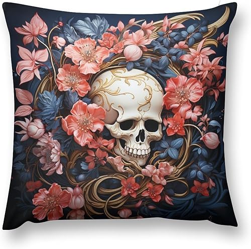 Miniatura 2 de Cojines Decorativos para Sala - Funda cuadrada decorativa con patrón de calavera negra con flores rosadas, decoración del hogar, Halloween, otoño,