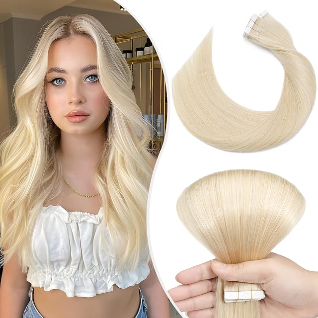 Tape in Extensions Human Hair 20 pcs - Seamless Invisible Skin Weft 100% Remy Hair Straight (#60 Platinum Blonde, 14 Inch)