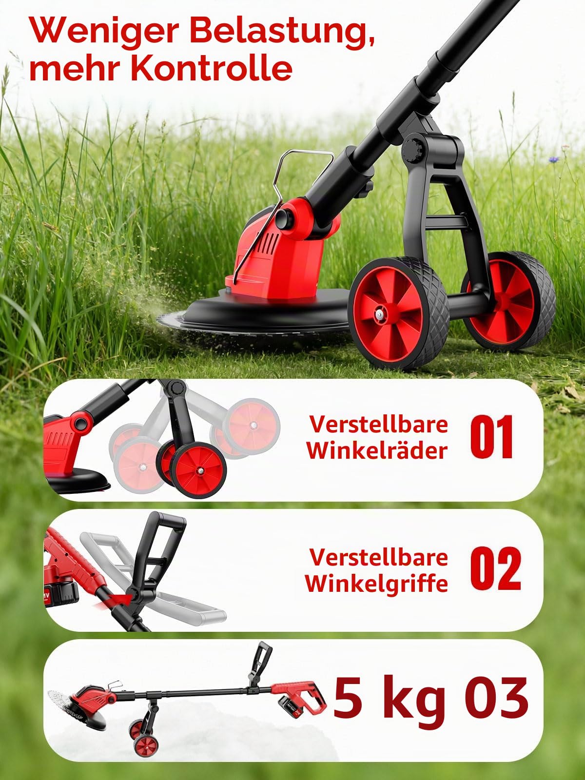 30CM Rasentrimmer mit Akku, Akku Rasentrimmer mit 2 × 3.0Ah Akku& Ladegerät, 20000U/min 4 Klingentypen, Akku Freischneider mit Abnehmbaren Rädern für kleine bis Mittelgroße Gärten Trimmen