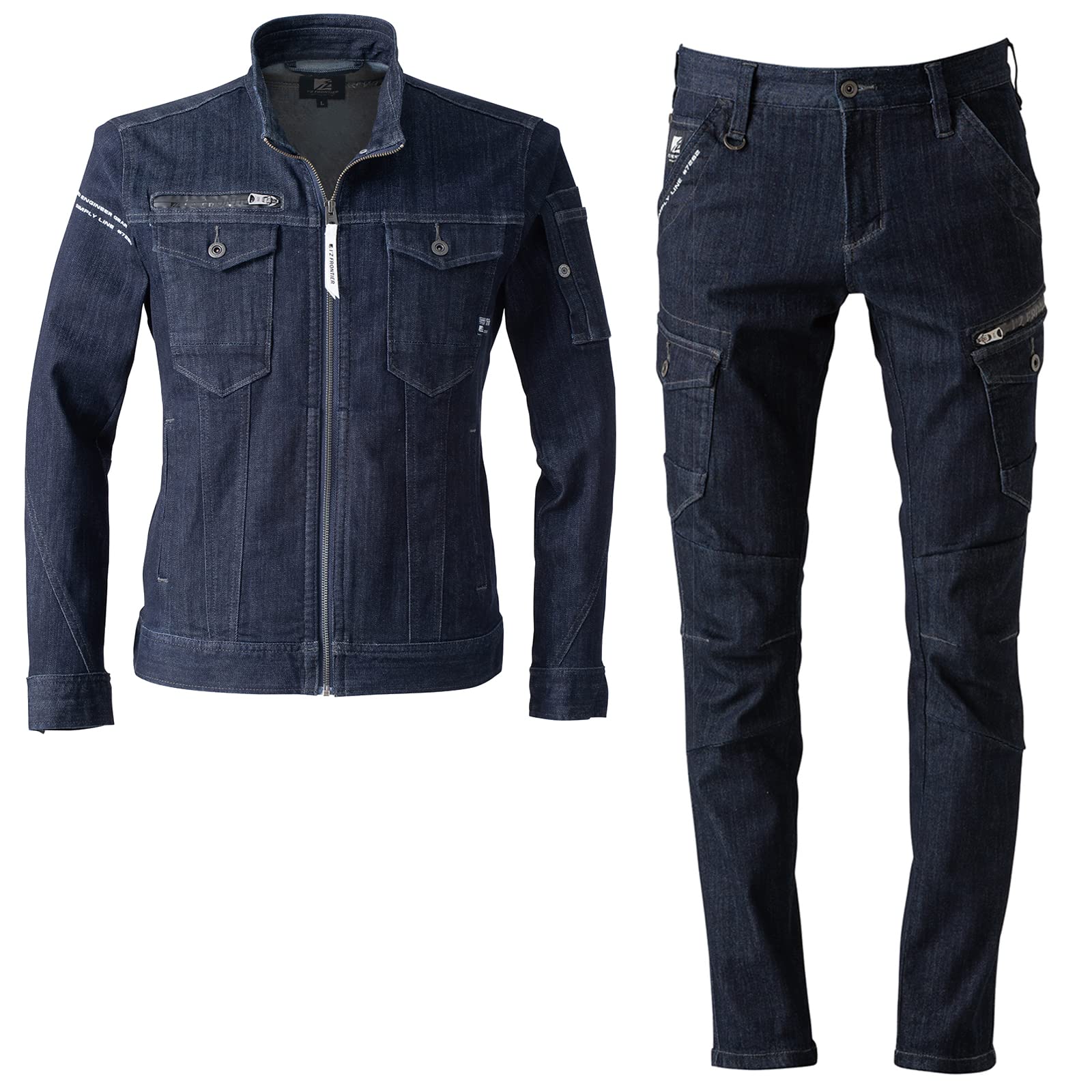 Musashino Uniform I'Z Frontier 3D Stretch Work Jacket & Cargo Pants Set, Denim, All Season Workwear, I'Z FRONTIER with Eco Bag <016-7280-7282-Eco> 4L-101 24-deep indigo