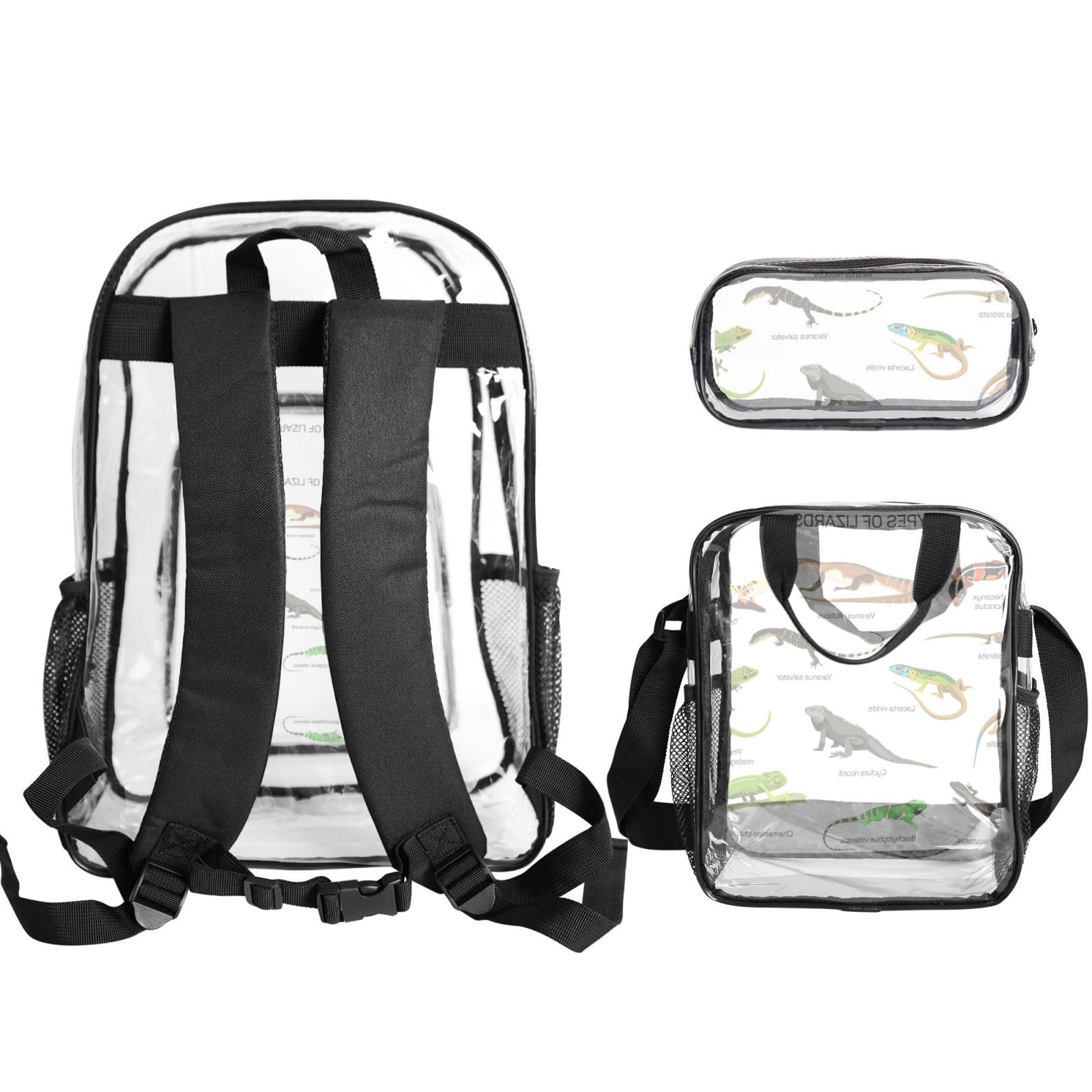 Diversi tipi di zaino stampato lucertola Set 3 in 1 borsa trasparente per eventi scolastici e lavoro stadio e trasporto quotidiano
